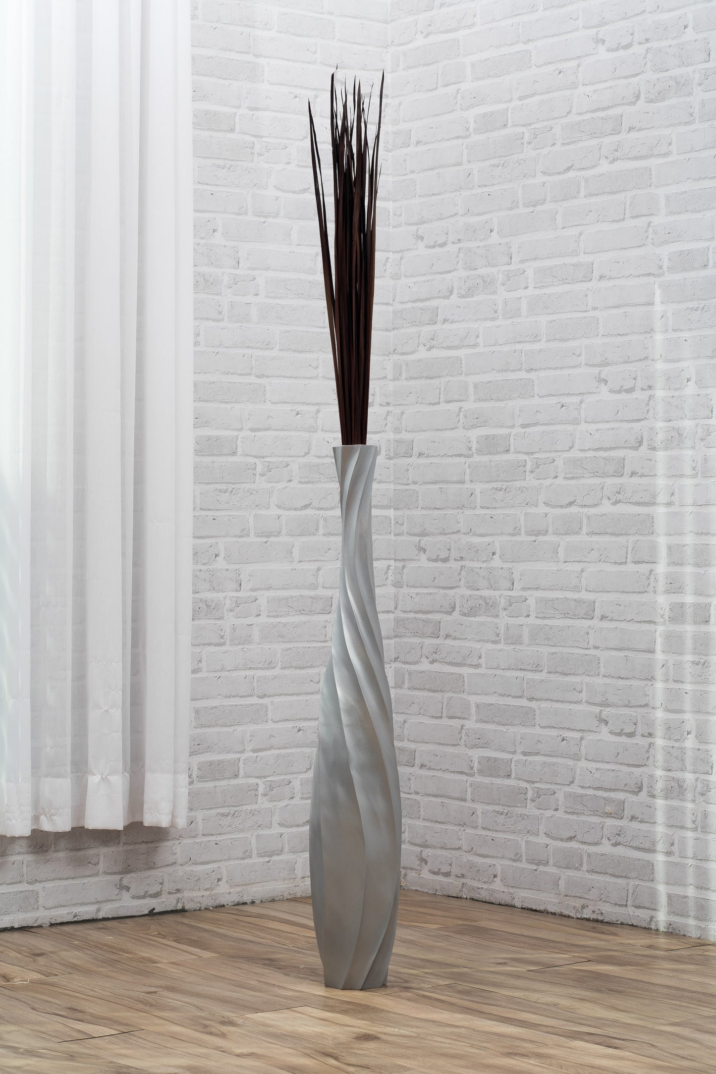 Large Mango Wood Floor Vase – Handcrafted Decorative Highlight from Thailand, silver, 34 inches