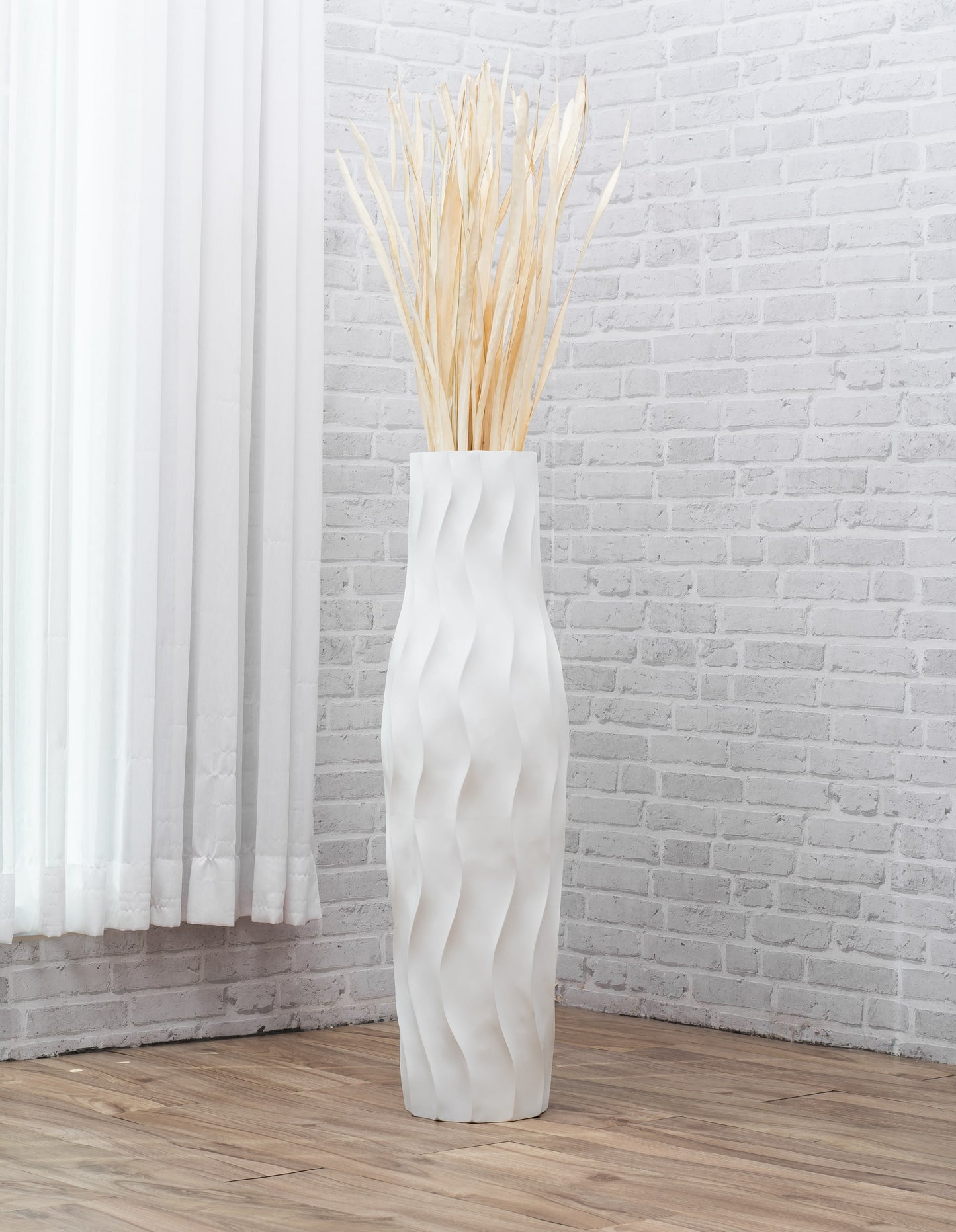 Large Mango Wood Floor Vase – Handcrafted Decorative Highlight from Thailand, white, 34 inches