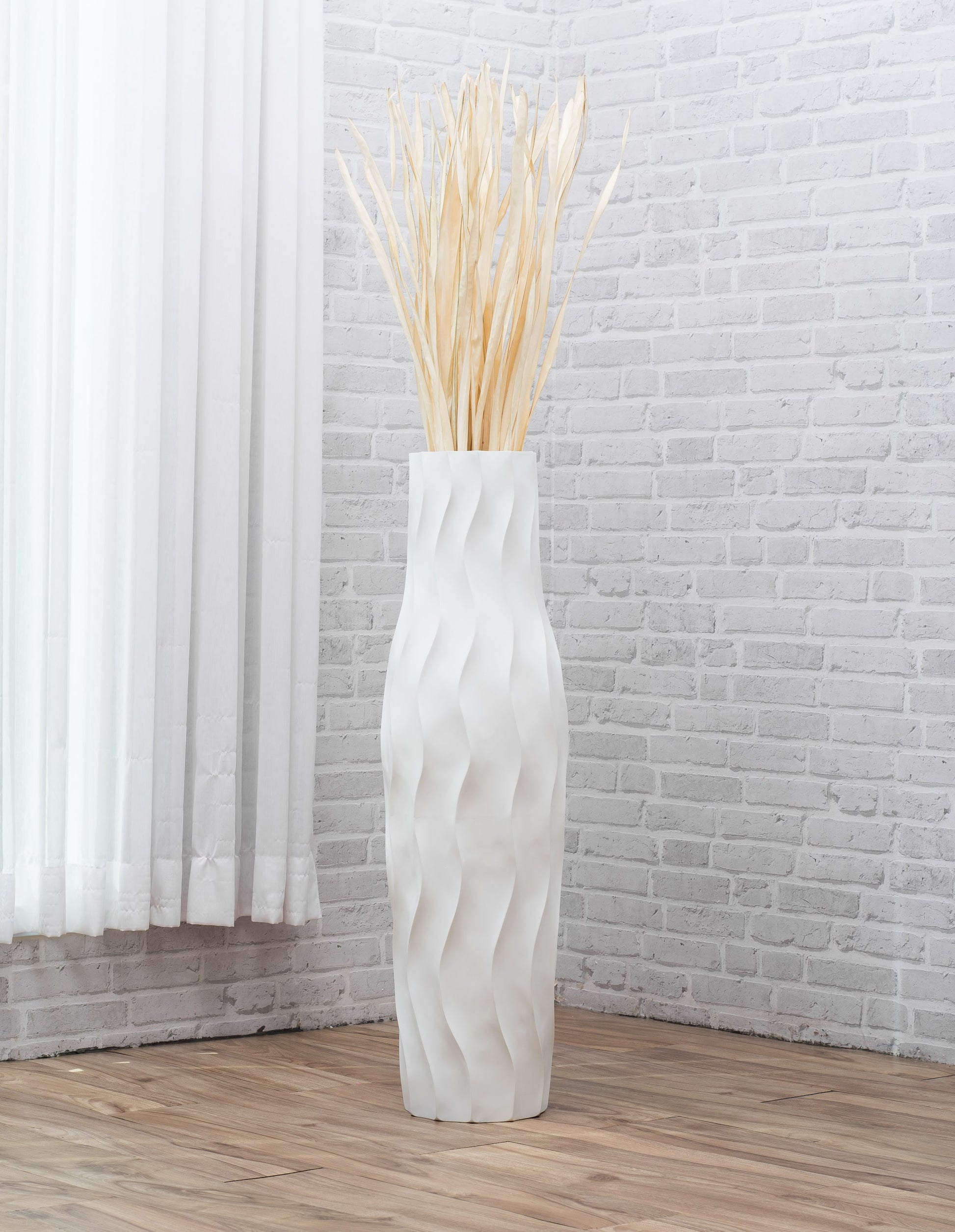 Large Mango Wood Floor Vase – Handcrafted Decorative Highlight from Thailand, white, 34 inches