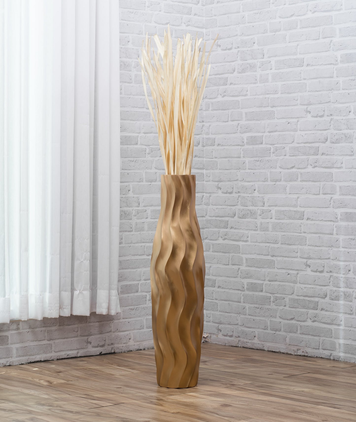 Large Mango Wood Floor Vase – Handcrafted Decorative Highlight from Thailand, gold, 26 inches