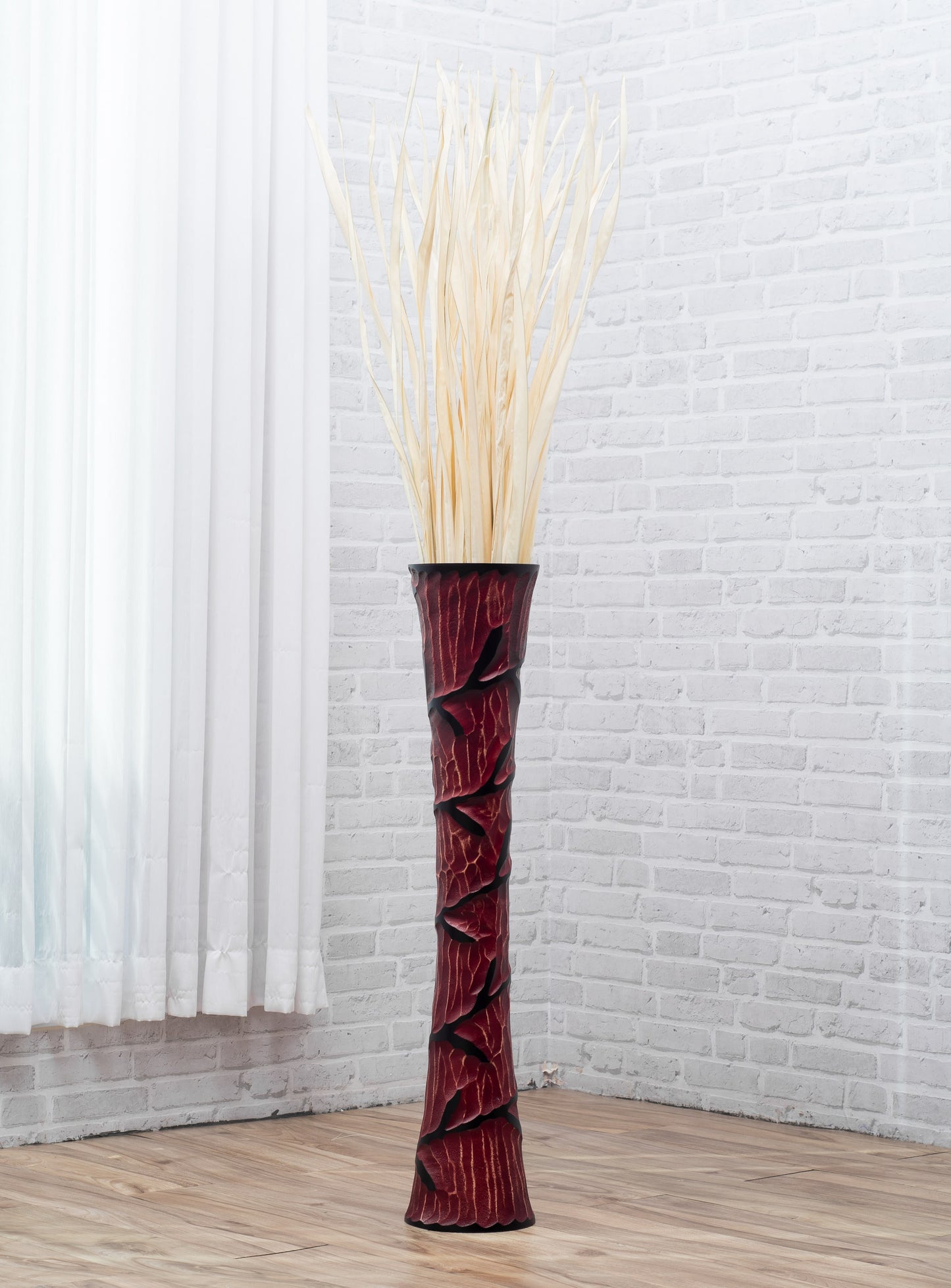 Large Mango Wood Floor Vase – Handcrafted Decorative Highlight from Thailand, red, black, 34 inches