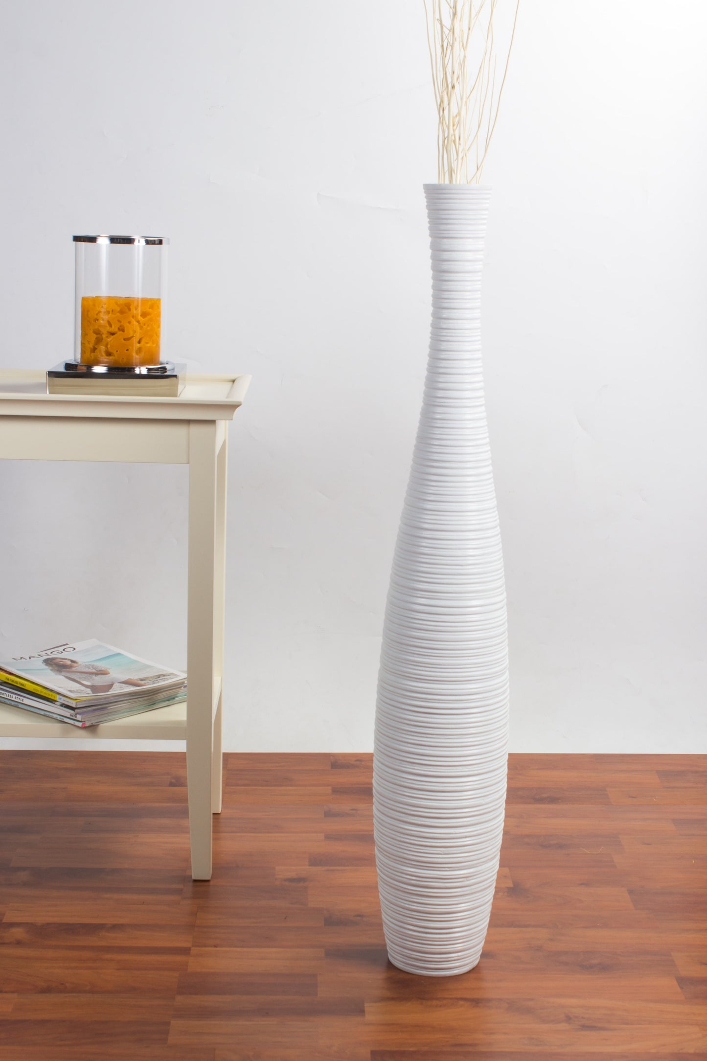 Large Mango Wood Floor Vase – Handcrafted Decorative Highlight from Thailand, white, 34 inches