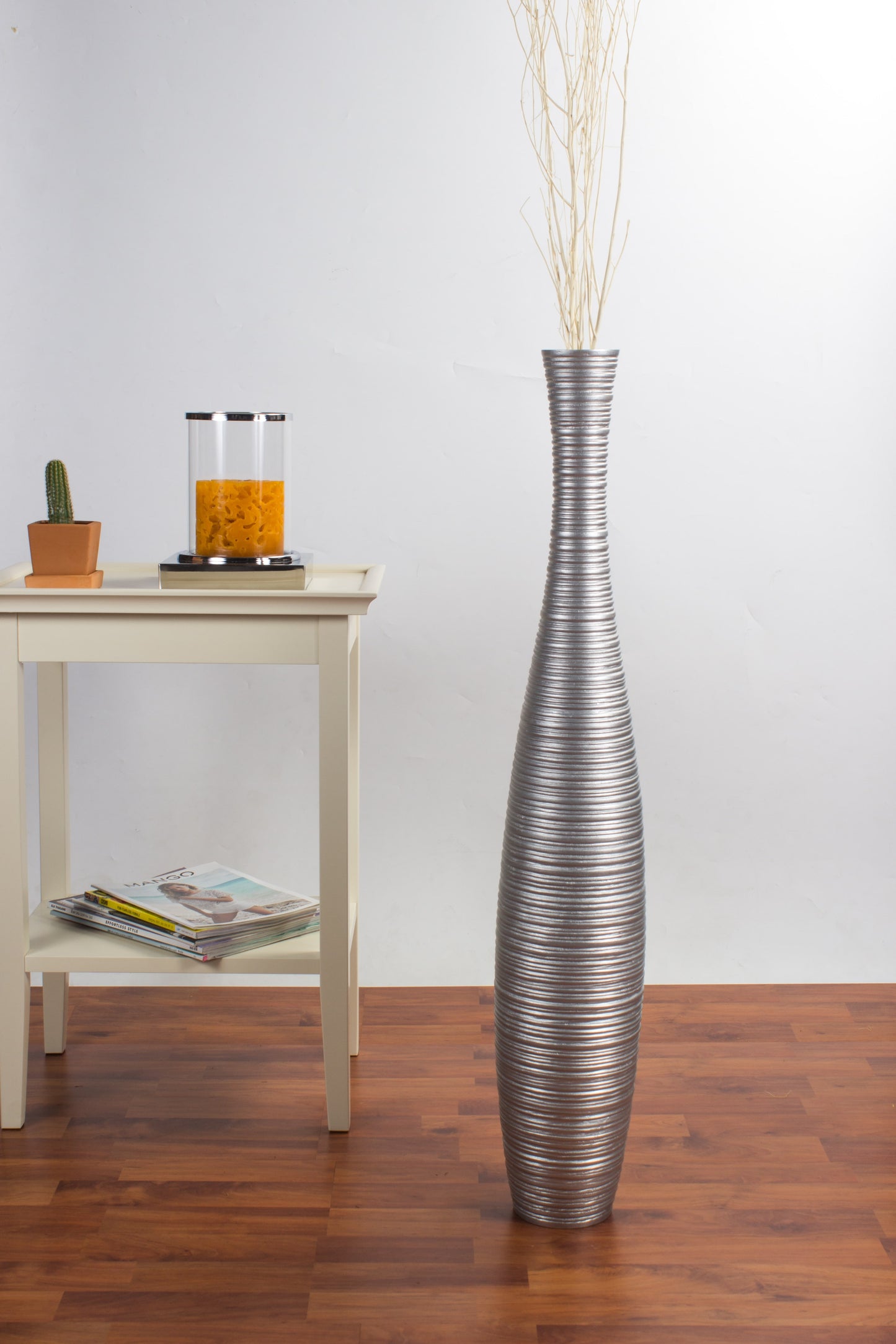 Large Mango Wood Floor Vase – Handcrafted Decorative Highlight from Thailand, silver, 34 inches