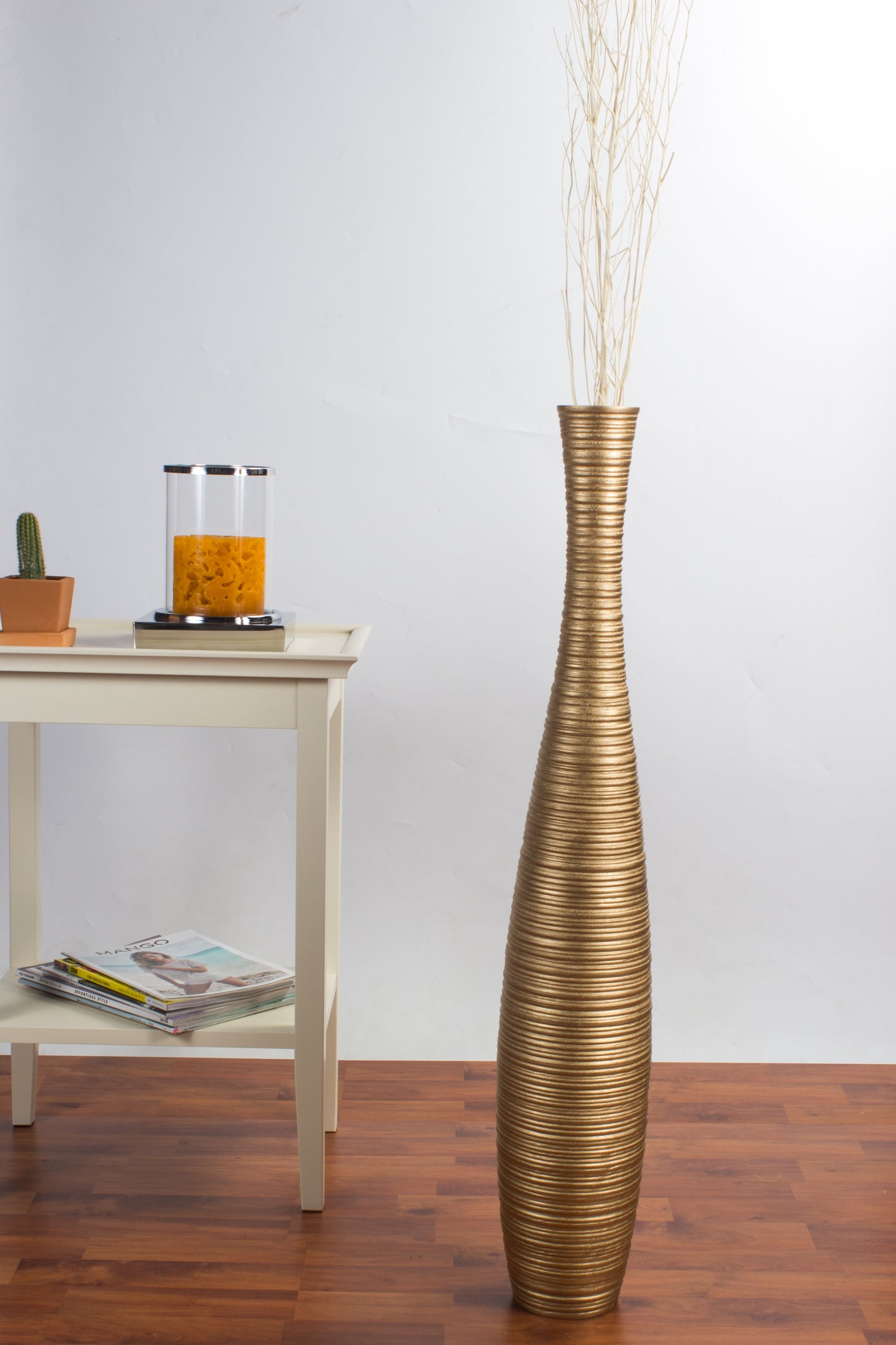 Large Mango Wood Floor Vase – Handcrafted Decorative Highlight from Thailand, gold, 34 inches