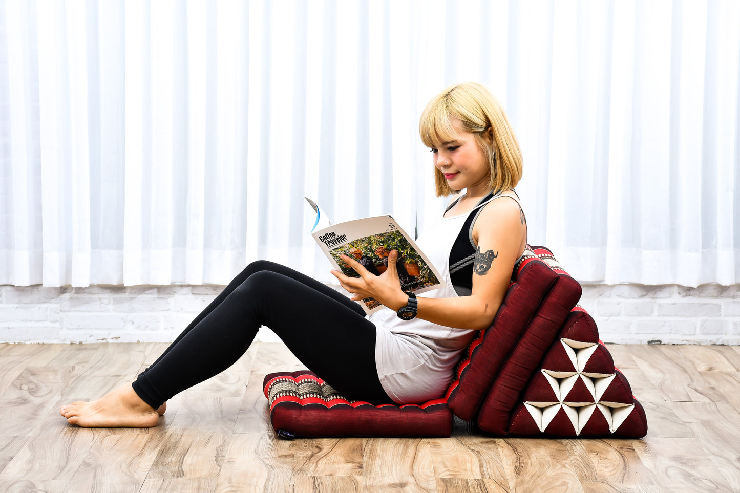 Extra Long Thai Folding Mat with Triangle Cushion – Handmade Kapok Relax Mat with Extended Surface, Sf24 - Red, Brown, 3 seating segments