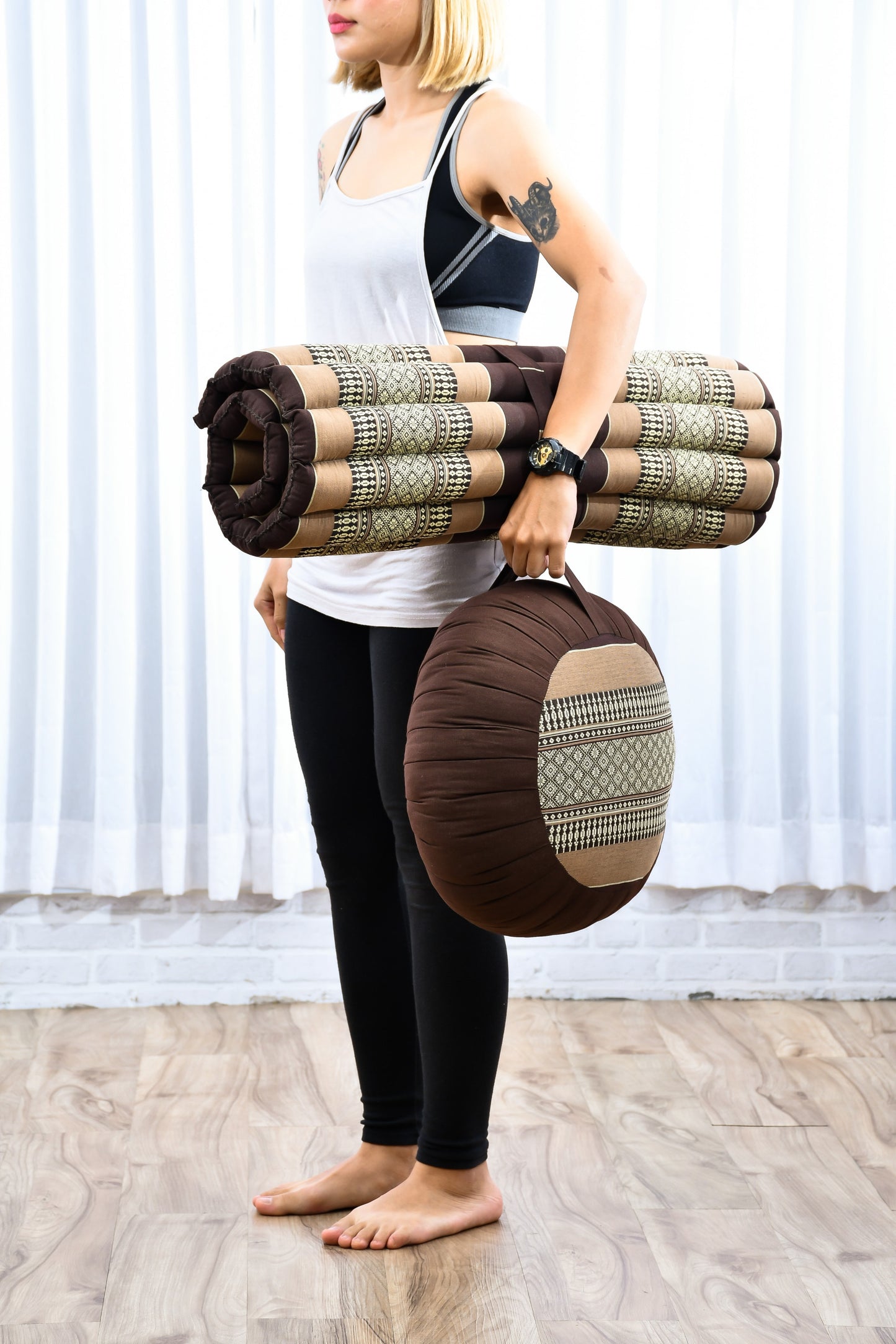 Kapok Meditation Cushion Set – Zabuton Mat & Zafu Seat Cushion with Cotton Cover, Sf10 - Brown
