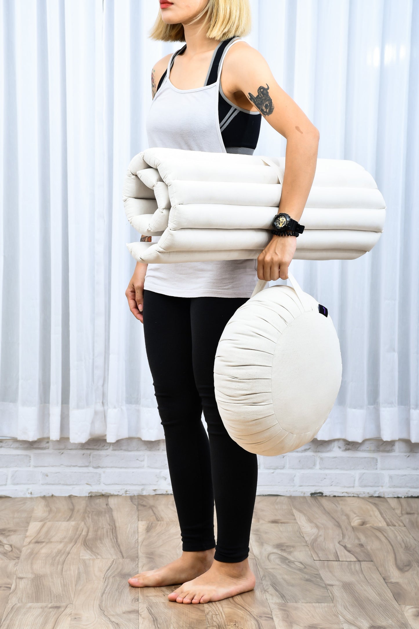 Kapok Meditation Cushion Set – Zabuton Mat & Zafu Seat Cushion with Cotton Cover, Cl01 - Ecru