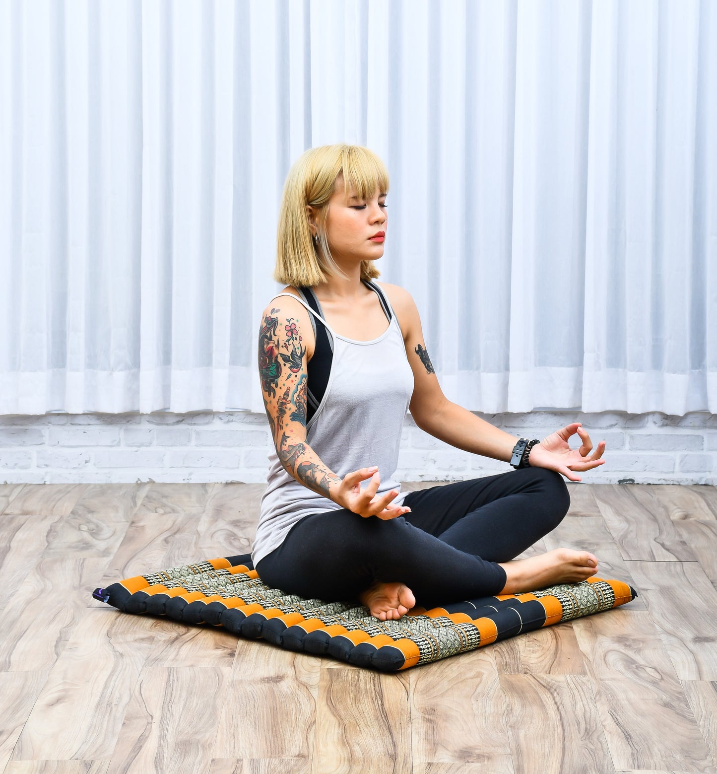 Large Kapok Zabuton Meditation Cushion – Rectangular Floor Mat with Cotton Cover, Sf03 - Black, Orange