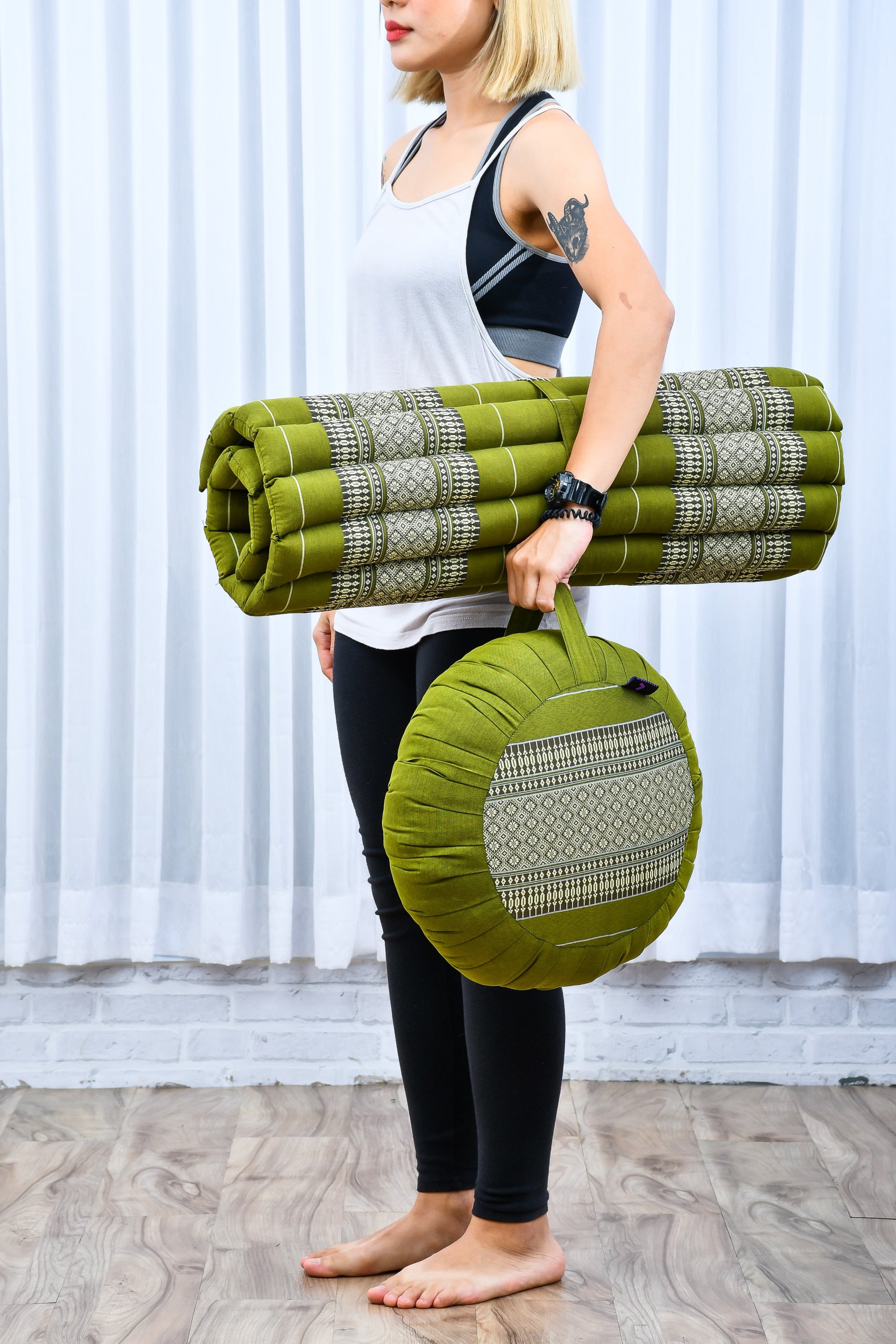 Large Kapok Zabuton Meditation Cushion – Rectangular Floor Mat with Cotton Cover, Sf17 - Green