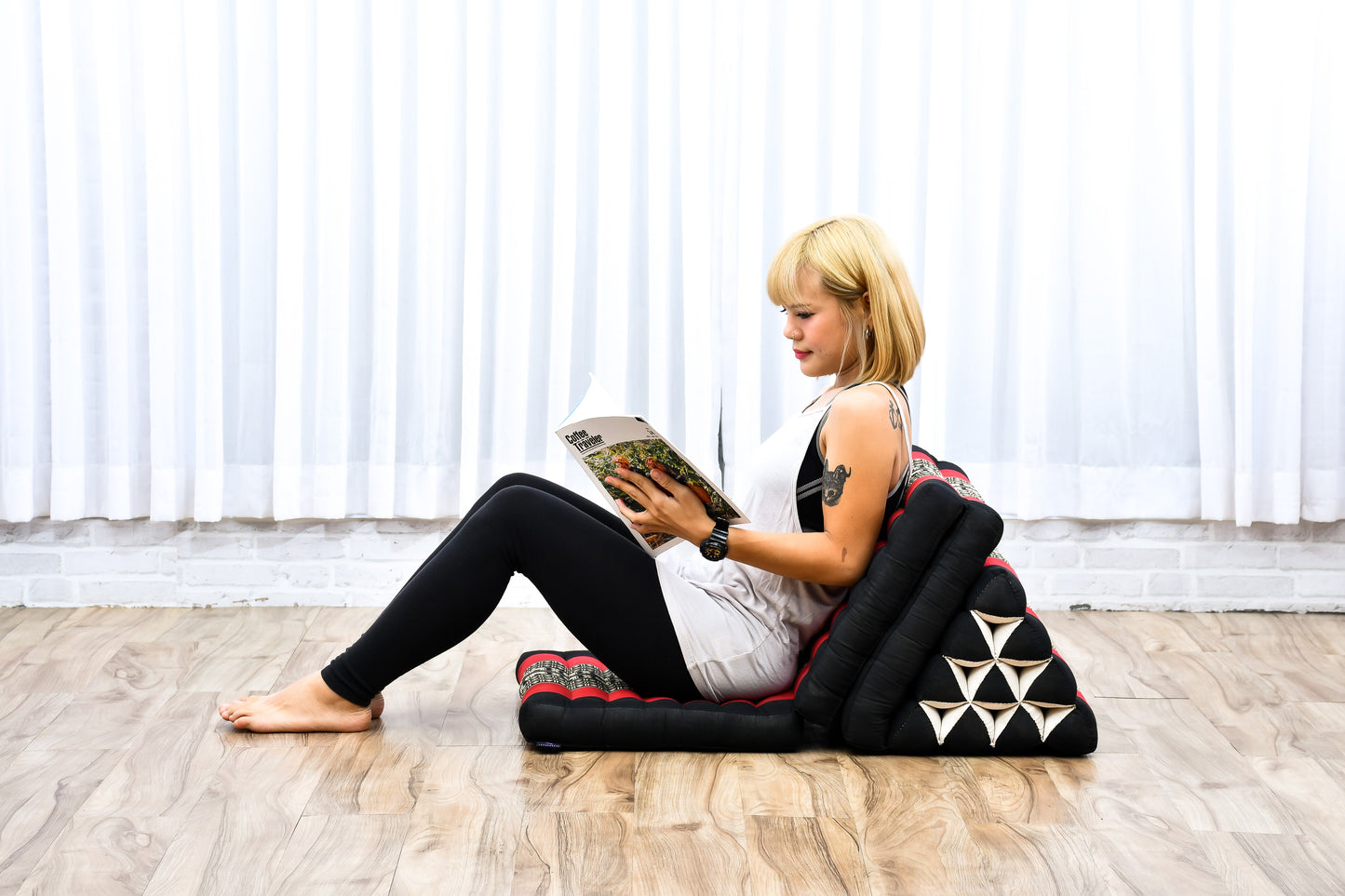 Extra Long Thai Folding Mat with Triangle Cushion – Handmade Kapok Relax Mat with Extended Surface, Sf13 - Red, Black, 3 seating segments
