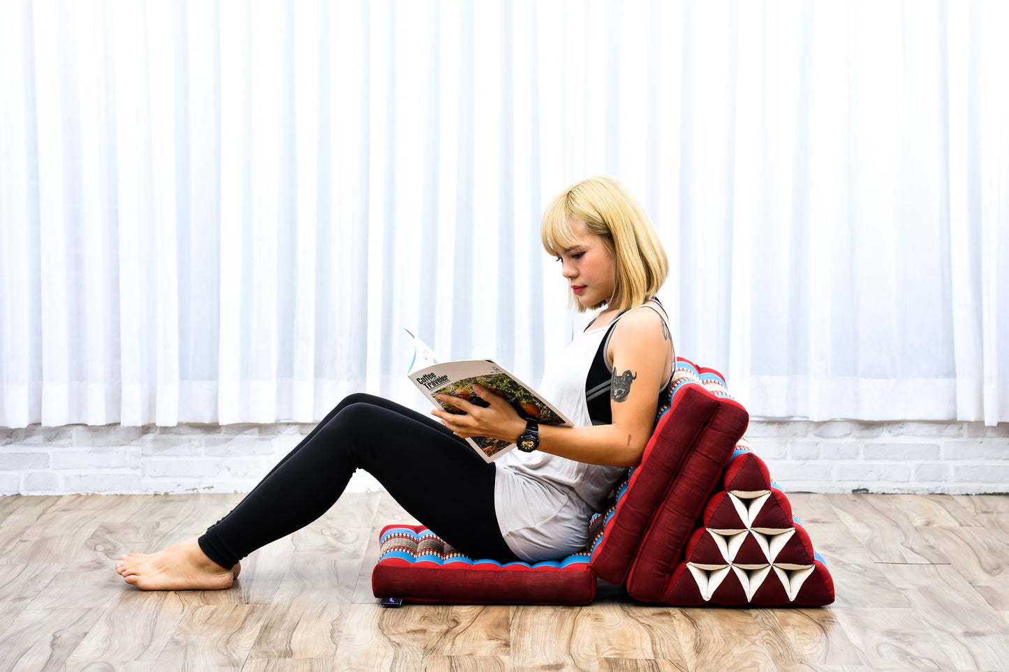 Extra Long Thai Folding Mat with Triangle Cushion – Handmade Kapok Relax Mat with Extended Surface, Sf27 - Blue, Red, 3 seating segments