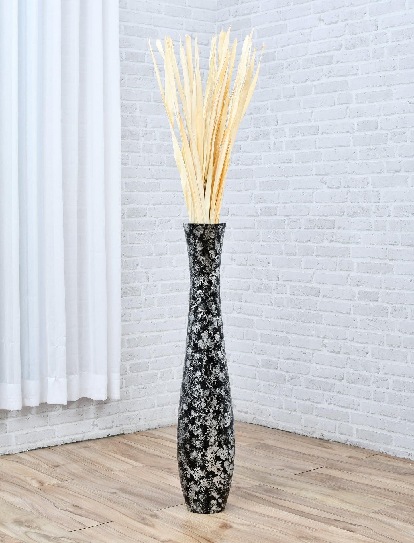 Large Mango Wood Floor Vase – Handcrafted Decorative Highlight from Thailand, silver, black, 34 inches
