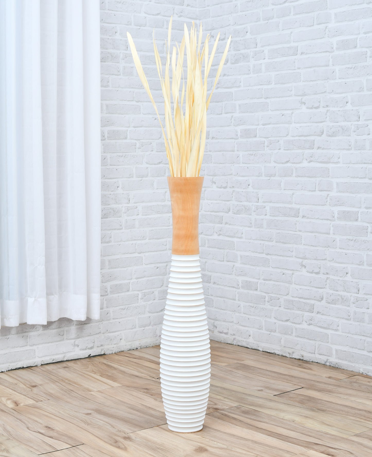 Large Mango Wood Floor Vase – Handcrafted Decorative Highlight from Thailand, white, ecru, 26 inches