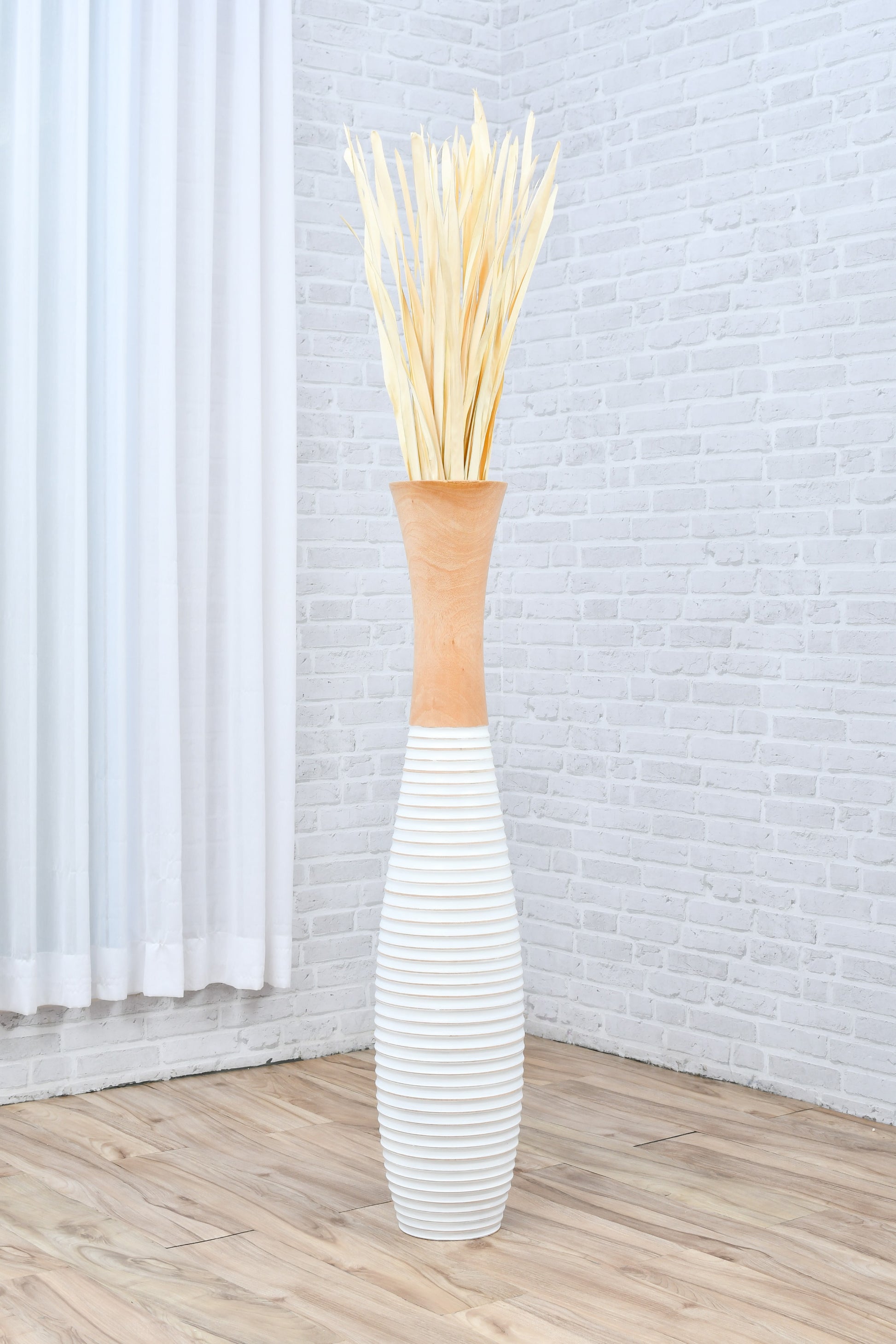 Large Mango Wood Floor Vase – Handcrafted Decorative Highlight from Thailand, white, ecru, 41 inches
