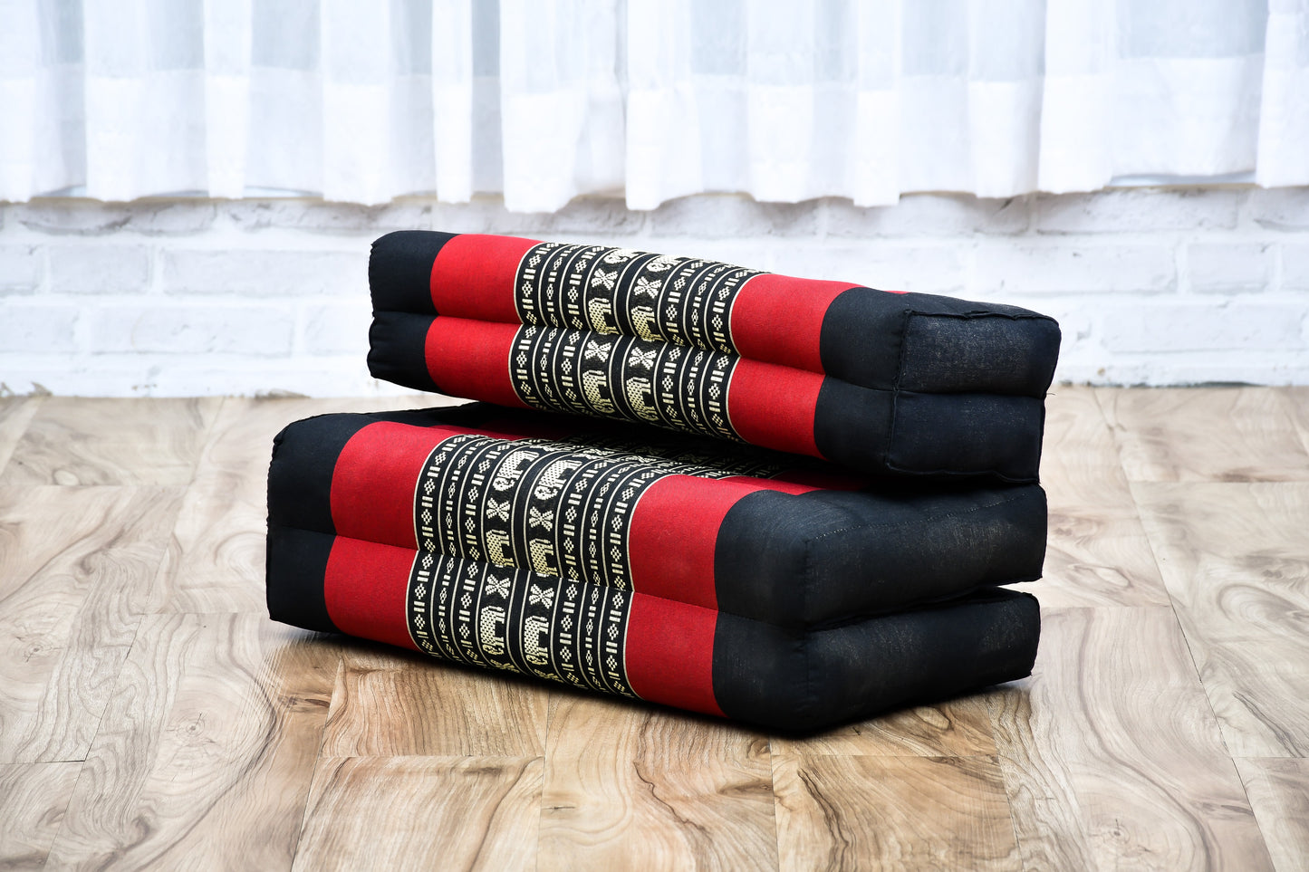 Foldable Meditation Cushion – Compact Kapok Seat with Foot Pad and Cotton Cover in Solid Colors or Thai Pattern, Sf13 - Red, Black