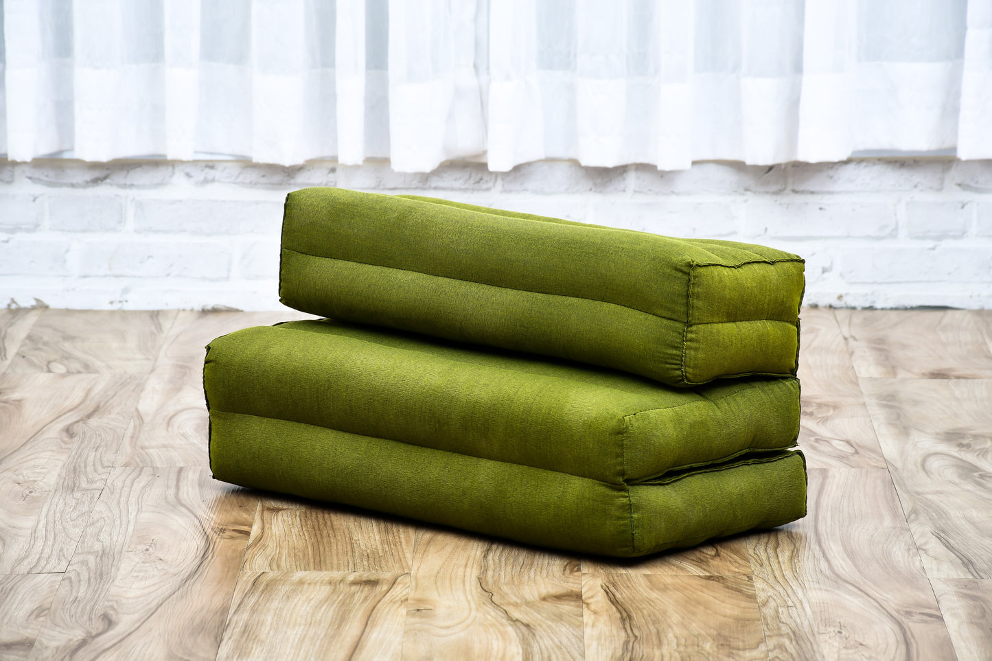 Foldable Meditation Cushion – Compact Kapok Seat with Foot Pad and Cotton Cover in Solid Colors or Thai Pattern, Cl23 - Green