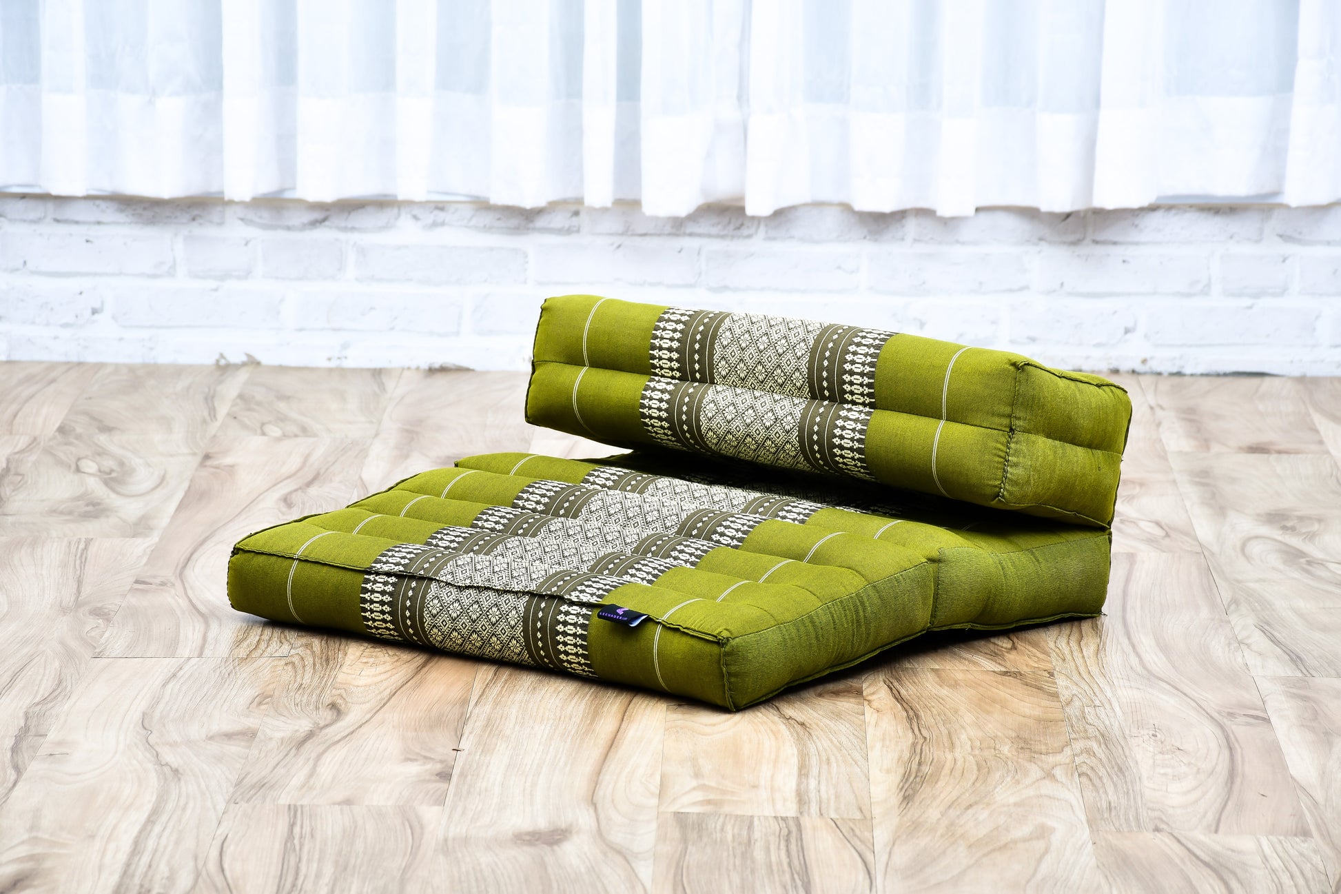 Foldable Meditation Cushion – Compact Kapok Seat with Foot Pad and Cotton Cover in Solid Colors or Thai Pattern, Sf17 - Green