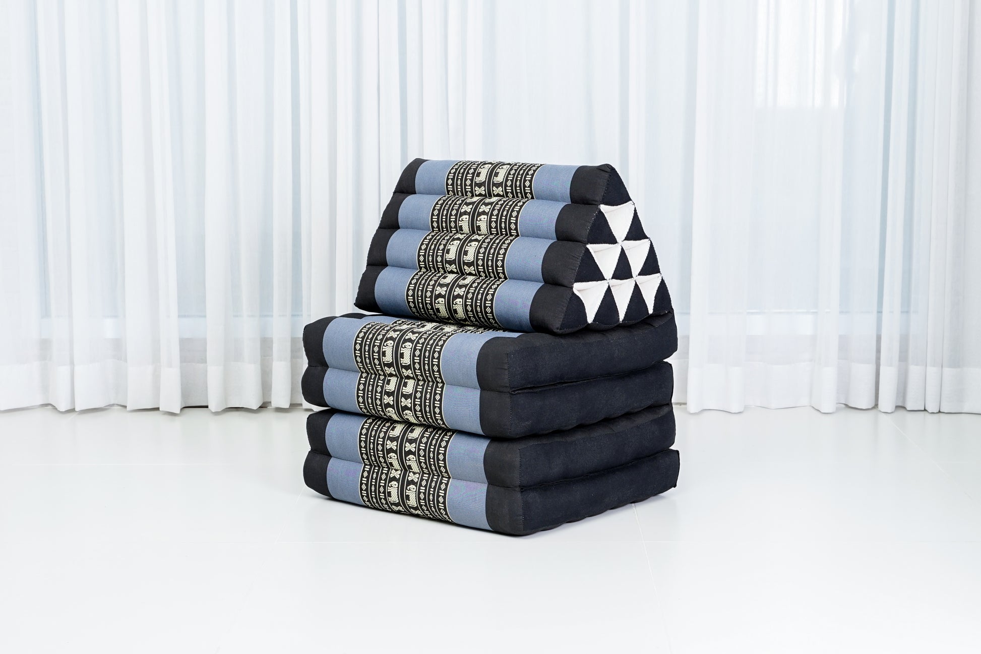 Extra Long Thai Folding Mat with Triangle Cushion – Handmade Kapok Relax Mat with Extended Surface, Sf15 - Blue, 4 seating segments