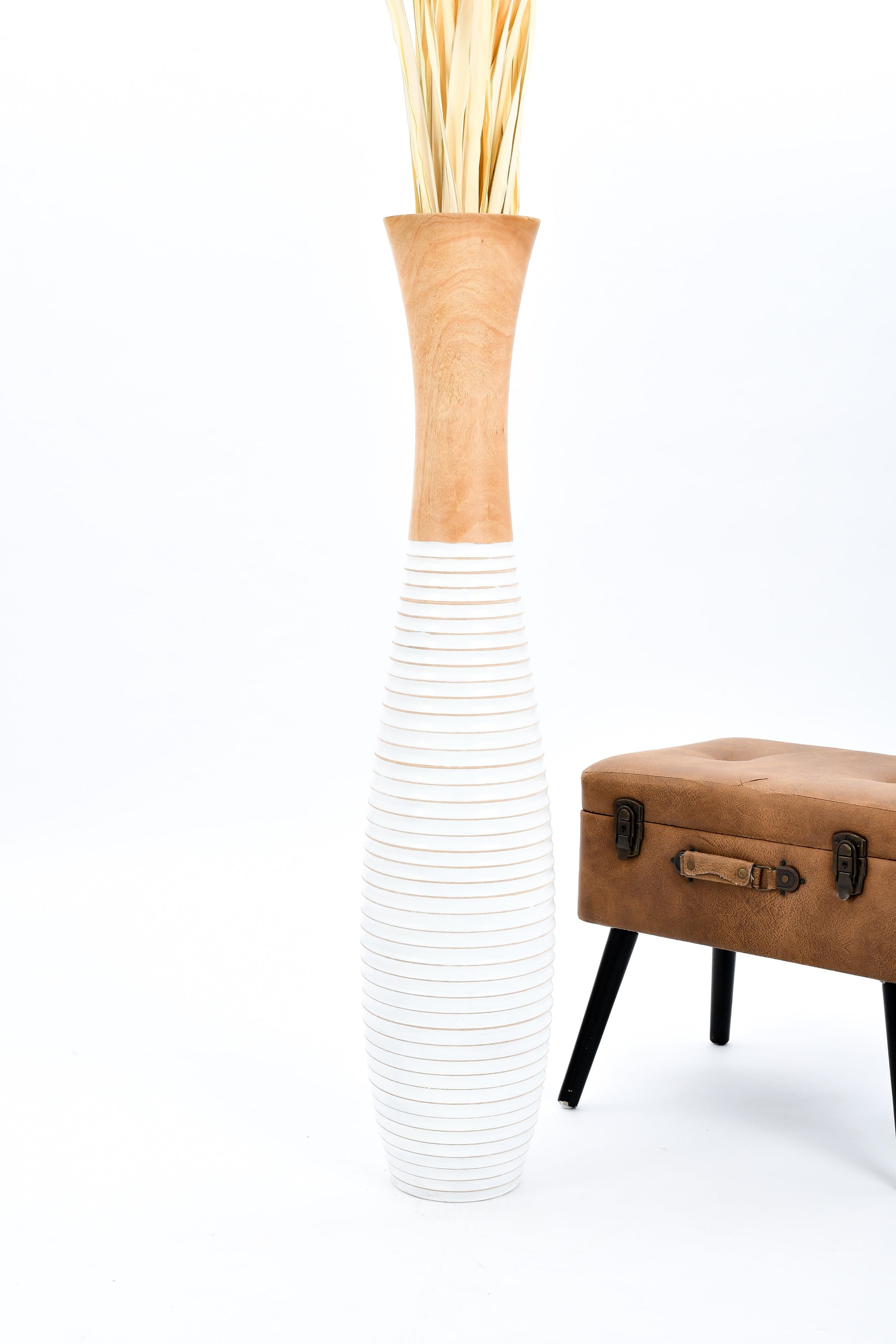 Large Mango Wood Floor Vase – Handcrafted Decorative Highlight from Thailand, white, ecru, 41 inches