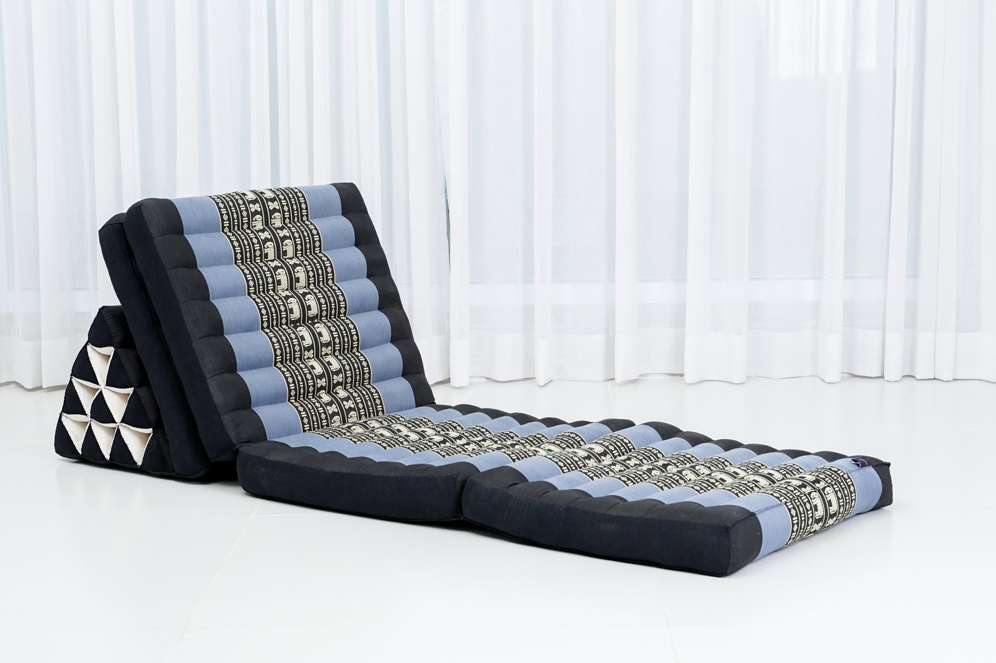 Extra Long Thai Folding Mat with Triangle Cushion – Handmade Kapok Relax Mat with Extended Surface, Sf15 - Blue, 4 seating segments