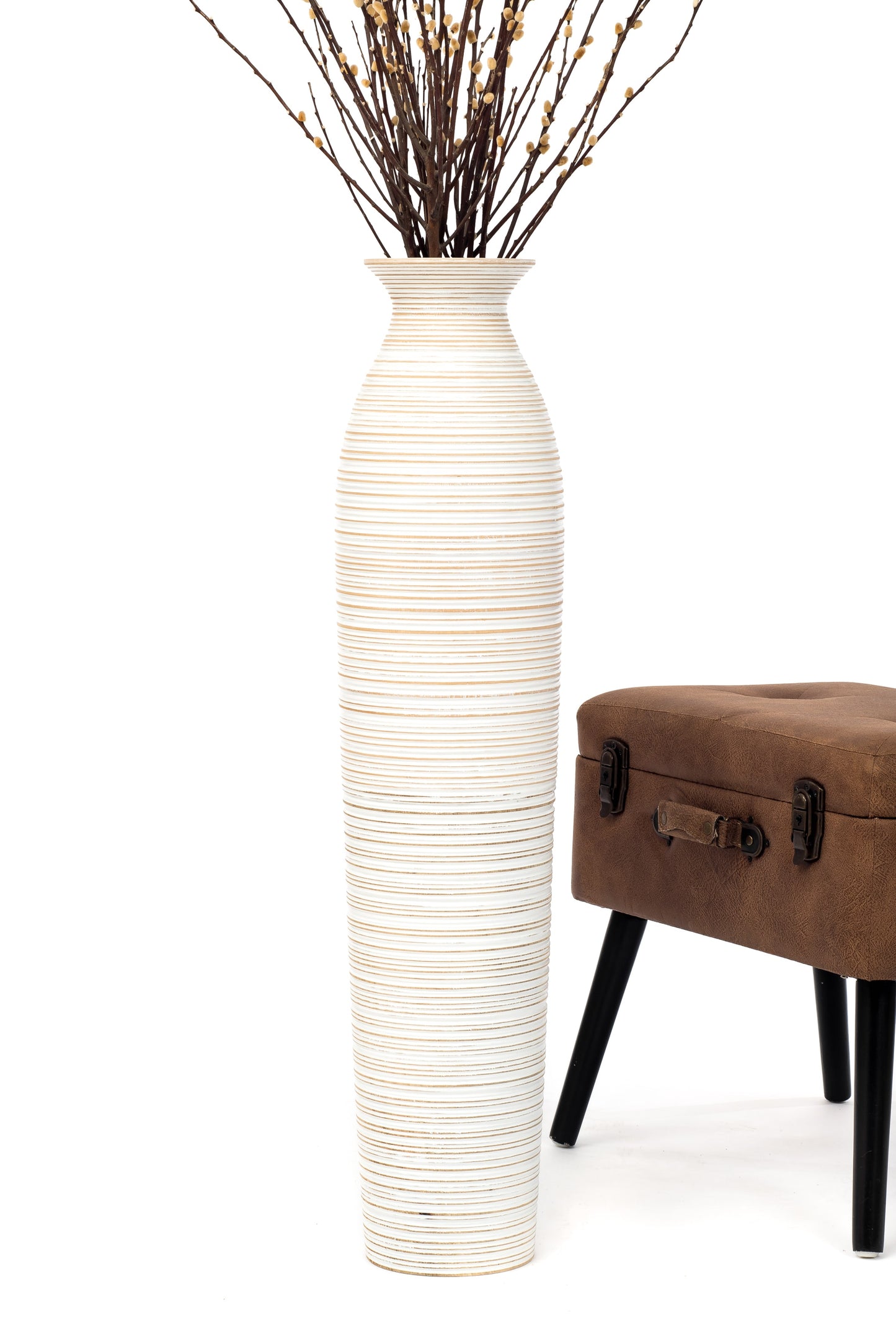 Large Mango Wood Floor Vase – Handcrafted Decorative Highlight from Thailand, white wash, 34 inches