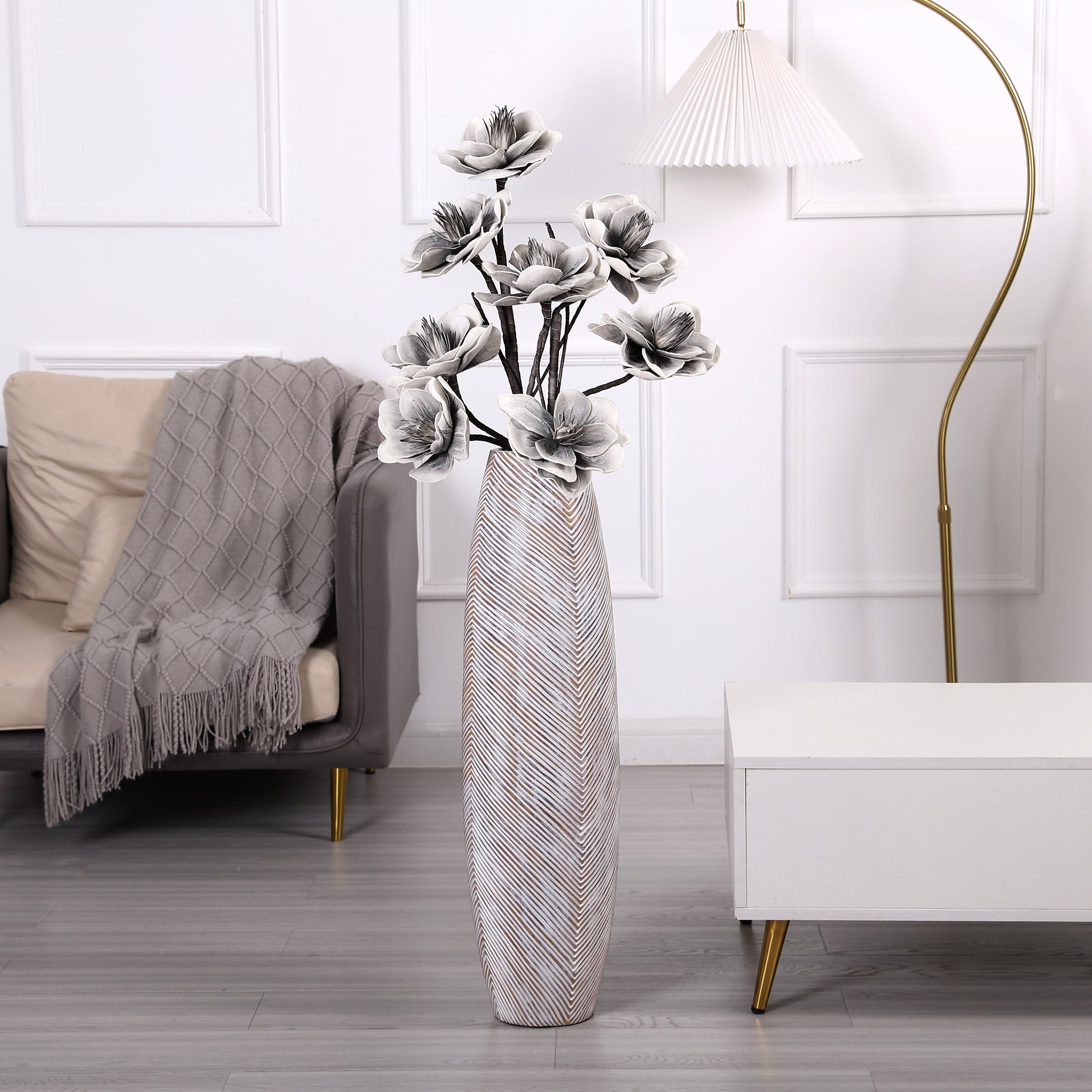 Large Resin Floor Vase – Stylish Waterproof Vase for Fresh & Dried Flowers, white wash, 32 inches