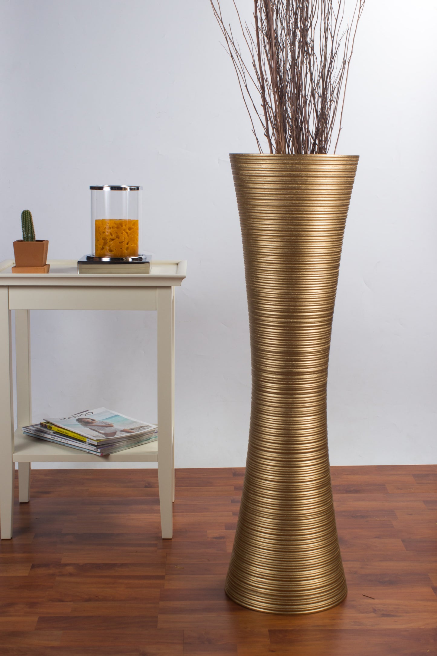 Large Mango Wood Floor Vase – Handcrafted Decorative Highlight from Thailand, gold, 34 inches