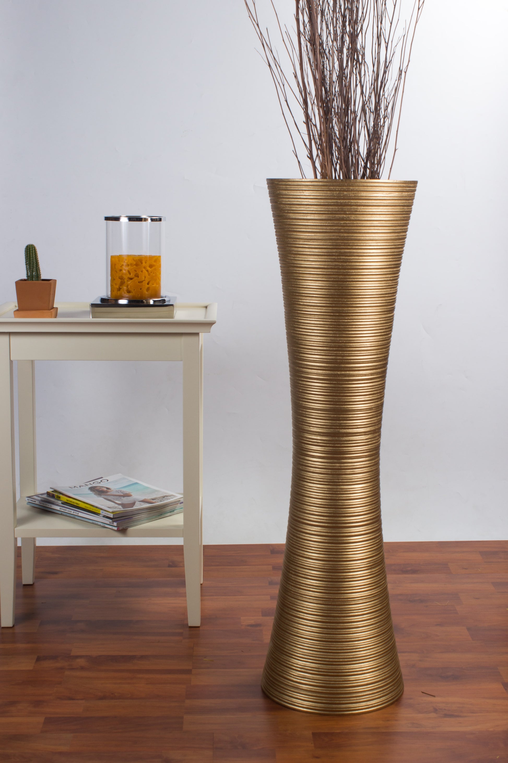 Large Mango Wood Floor Vase – Handcrafted Decorative Highlight from Thailand, gold, 34 inches