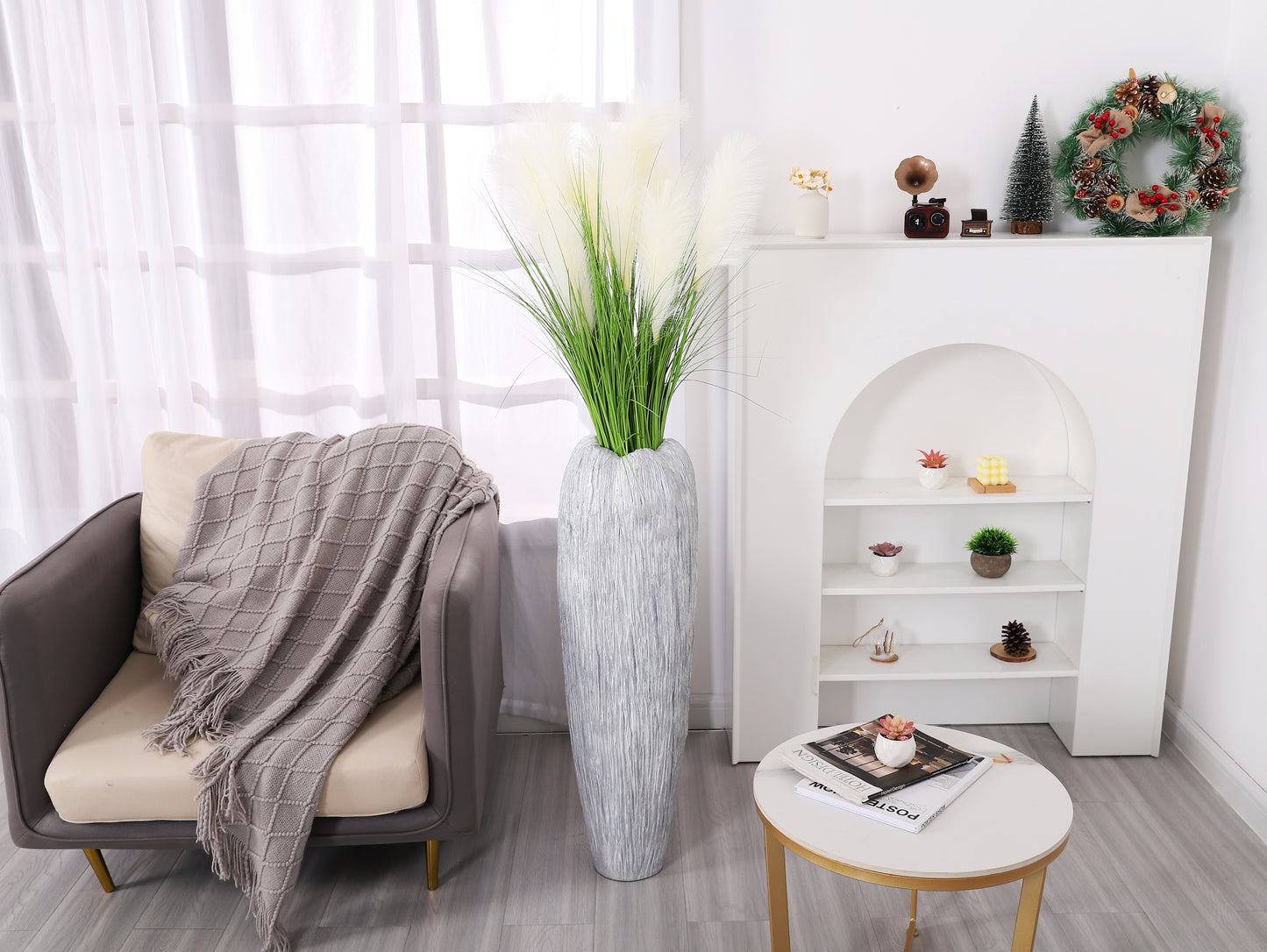 Large Resin Floor Vase – Stylish Waterproof Vase for Fresh & Dried Flowers, silver, 36 inches