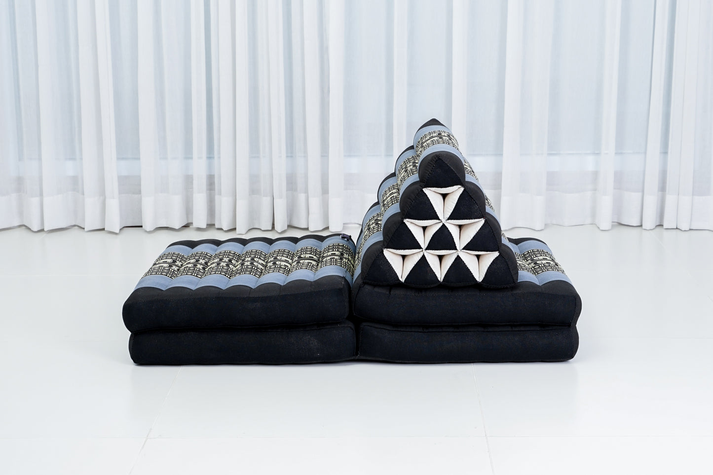 Extra Long Thai Folding Mat with Triangle Cushion – Handmade Kapok Relax Mat with Extended Surface, Sf15 - Blue, 4 seating segments