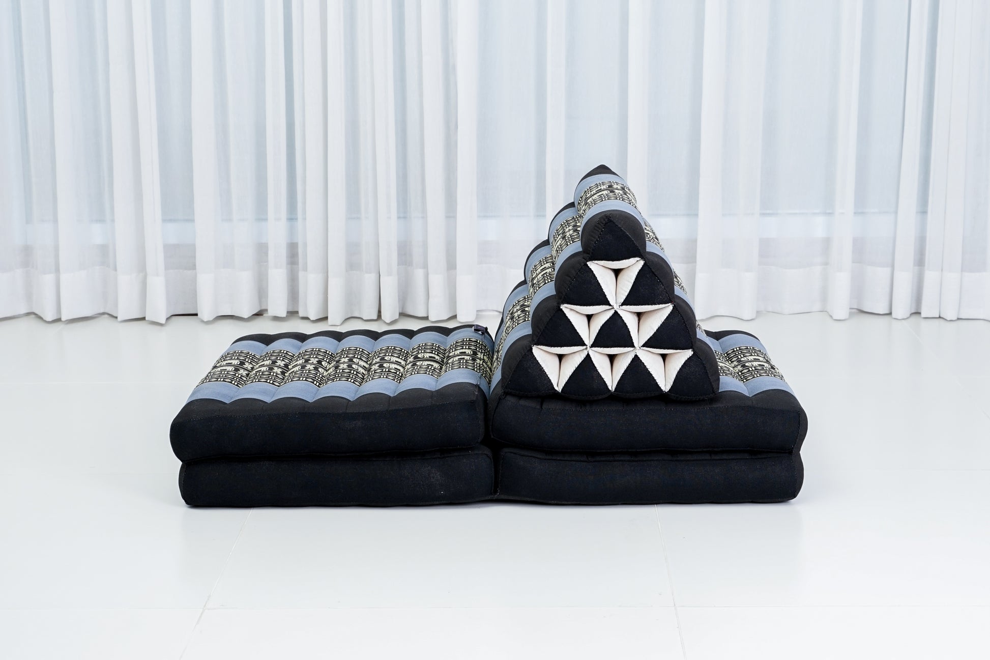 Extra Long Thai Folding Mat with Triangle Cushion – Handmade Kapok Relax Mat with Extended Surface, Sf15 - Blue, 4 seating segments