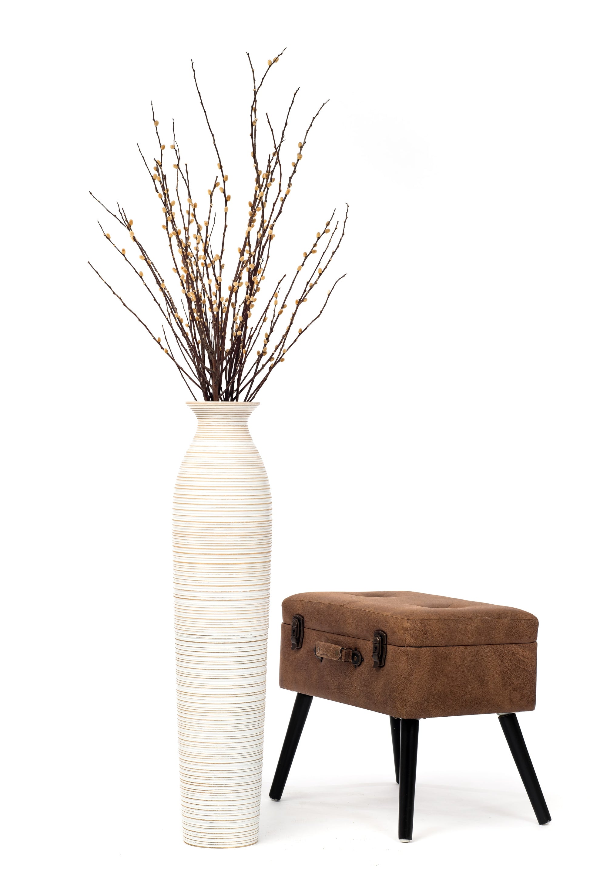 Large Mango Wood Floor Vase – Handcrafted Decorative Highlight from Thailand, white wash, 34 inches