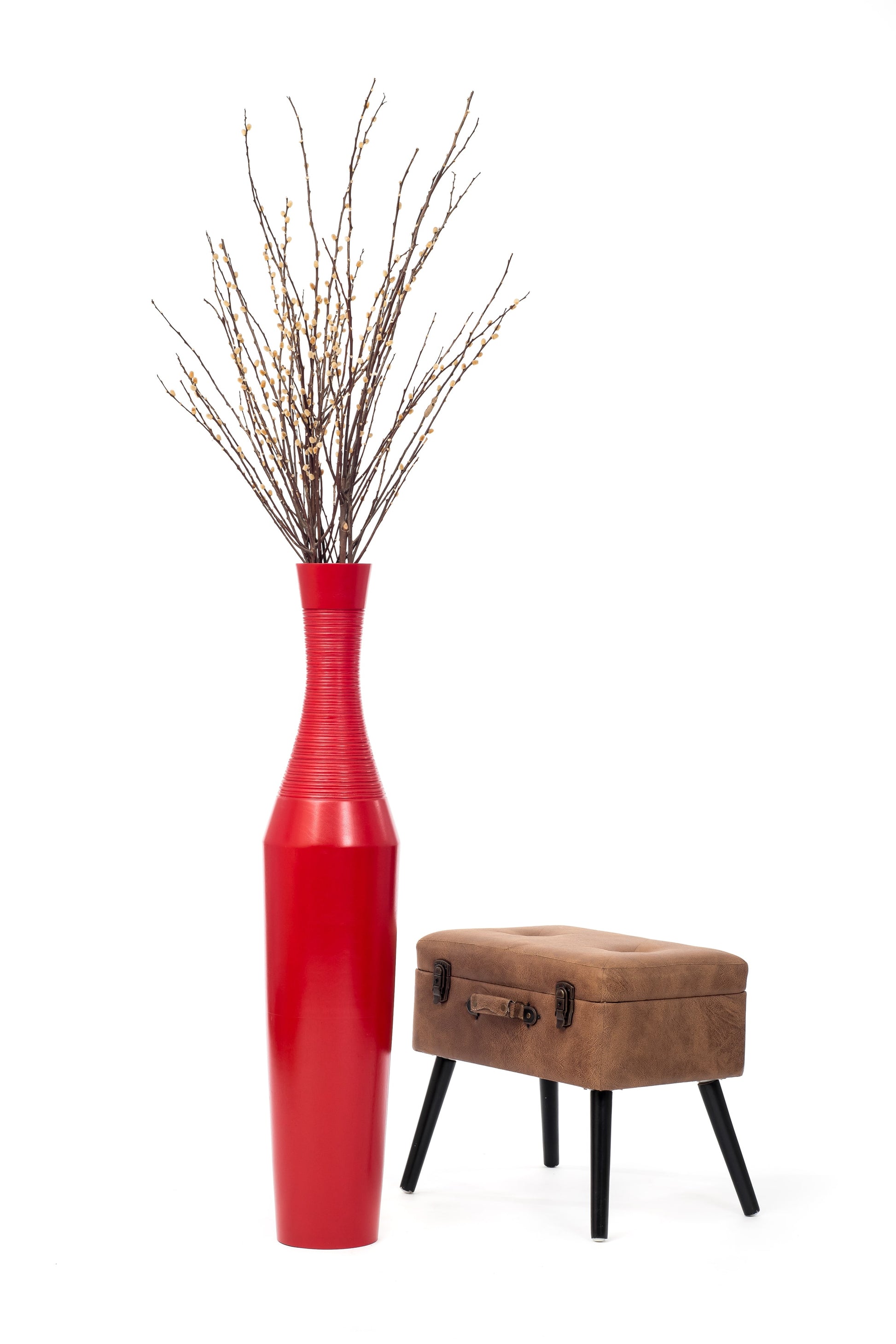 Large Mango Wood Floor Vase – Handcrafted Decorative Highlight from Thailand, red, 41 inches