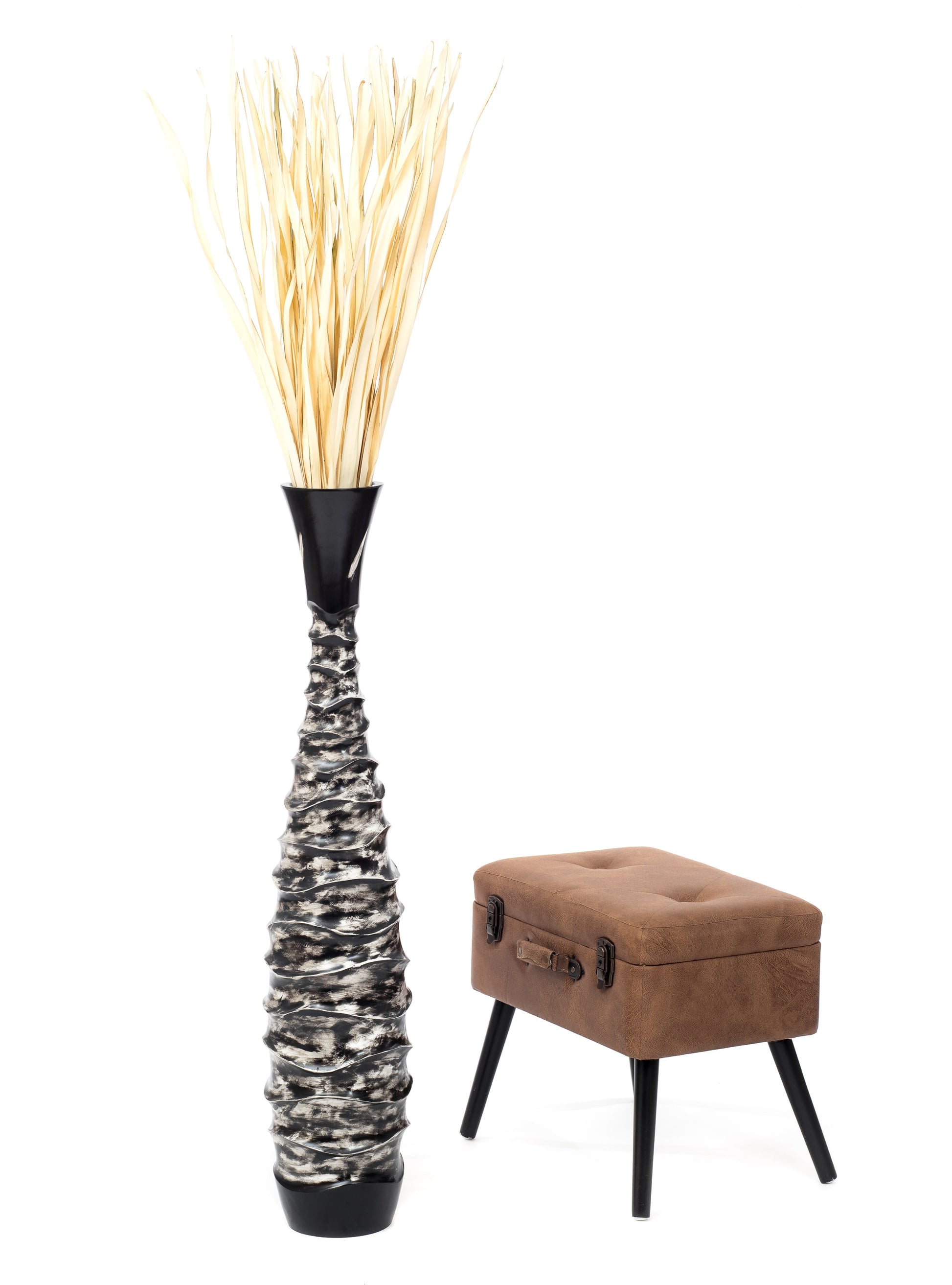 Large Mango Wood Floor Vase – Handcrafted Decorative Highlight from Thailand, black, white, 41 inches
