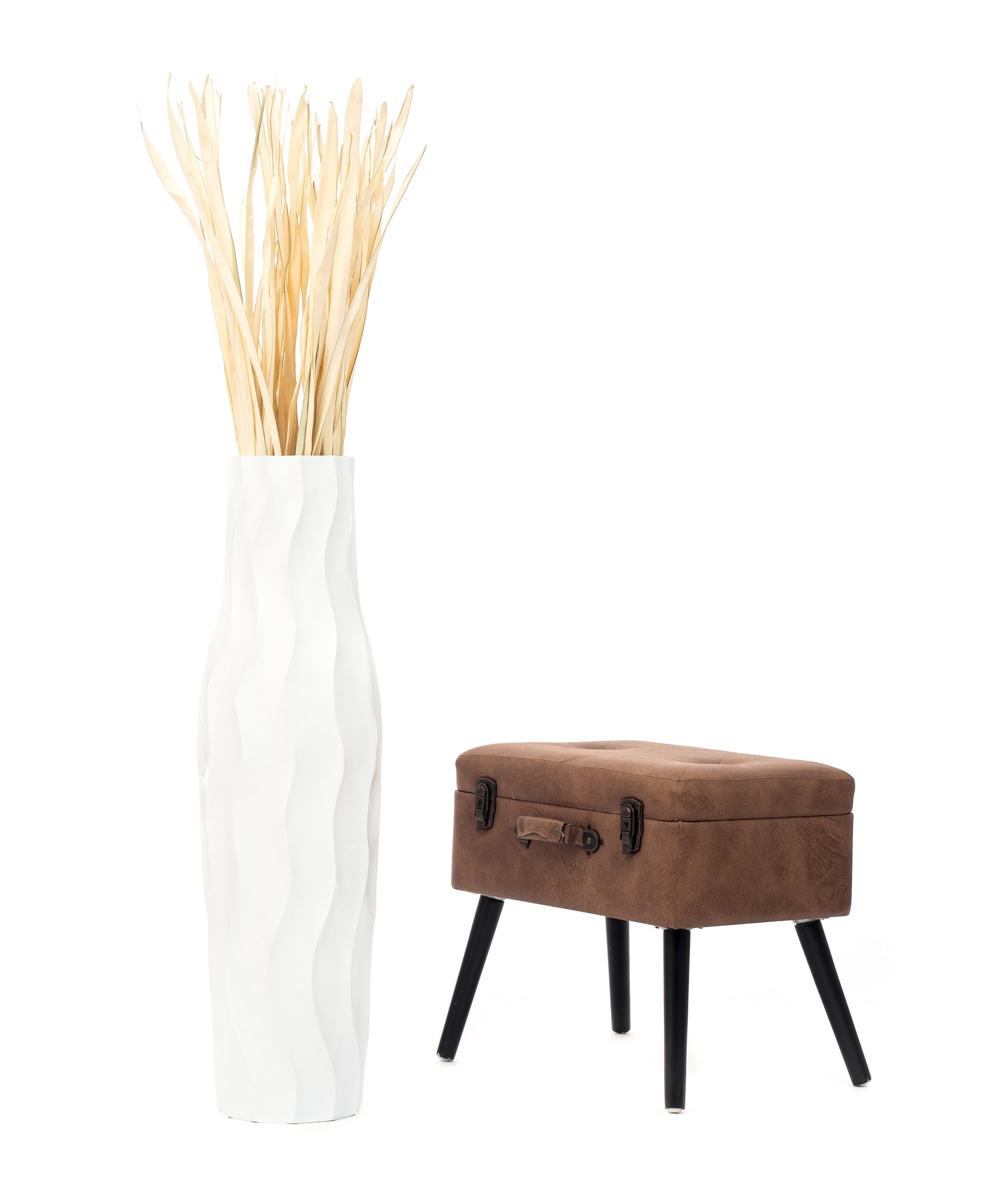Large Mango Wood Floor Vase – Handcrafted Decorative Highlight from Thailand, white, 34 inches