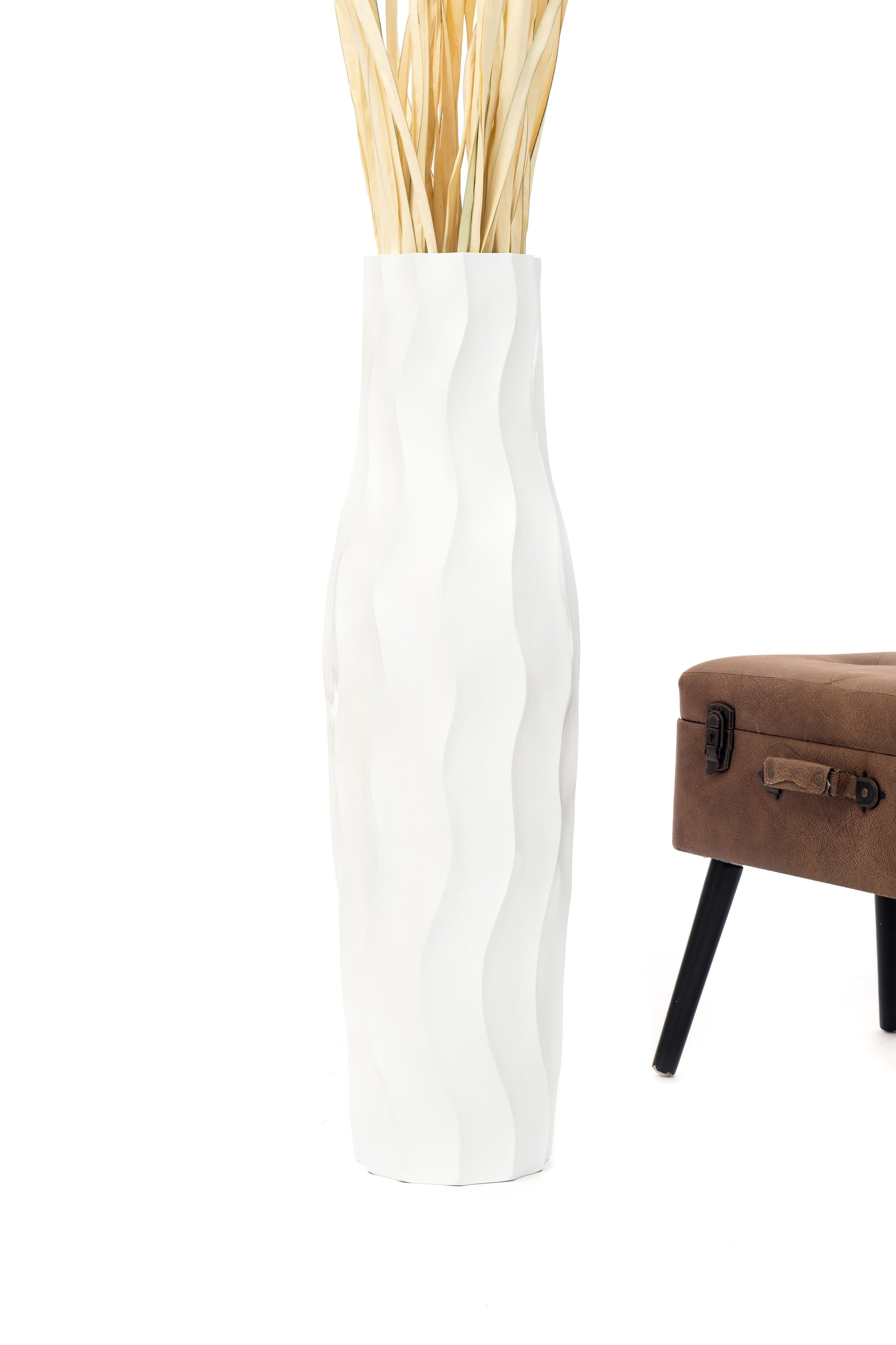 Large Mango Wood Floor Vase – Handcrafted Decorative Highlight from Thailand, white, 34 inches