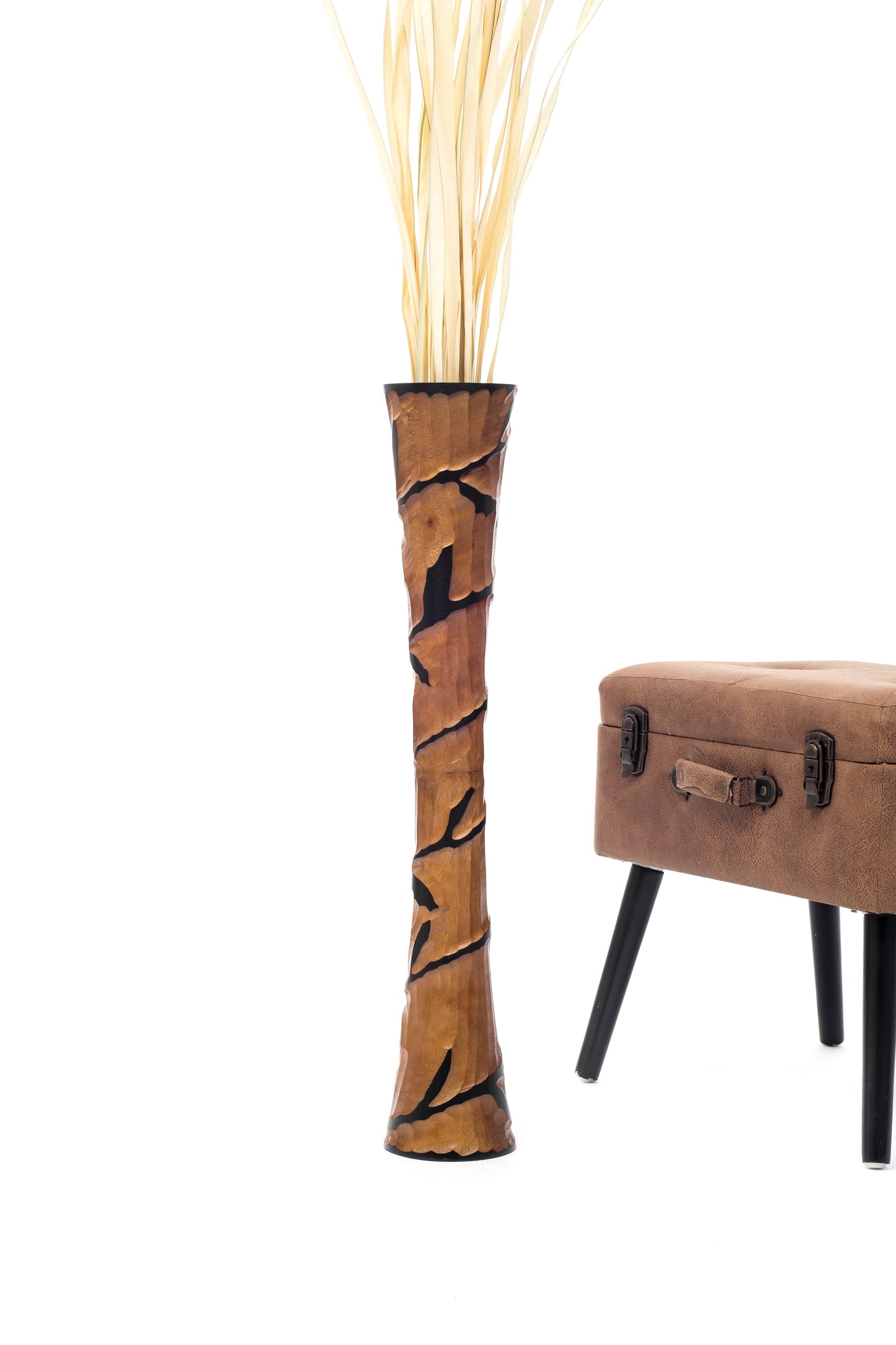 Large Mango Wood Floor Vase – Handcrafted Decorative Highlight from Thailand, brown, black, 26 inches