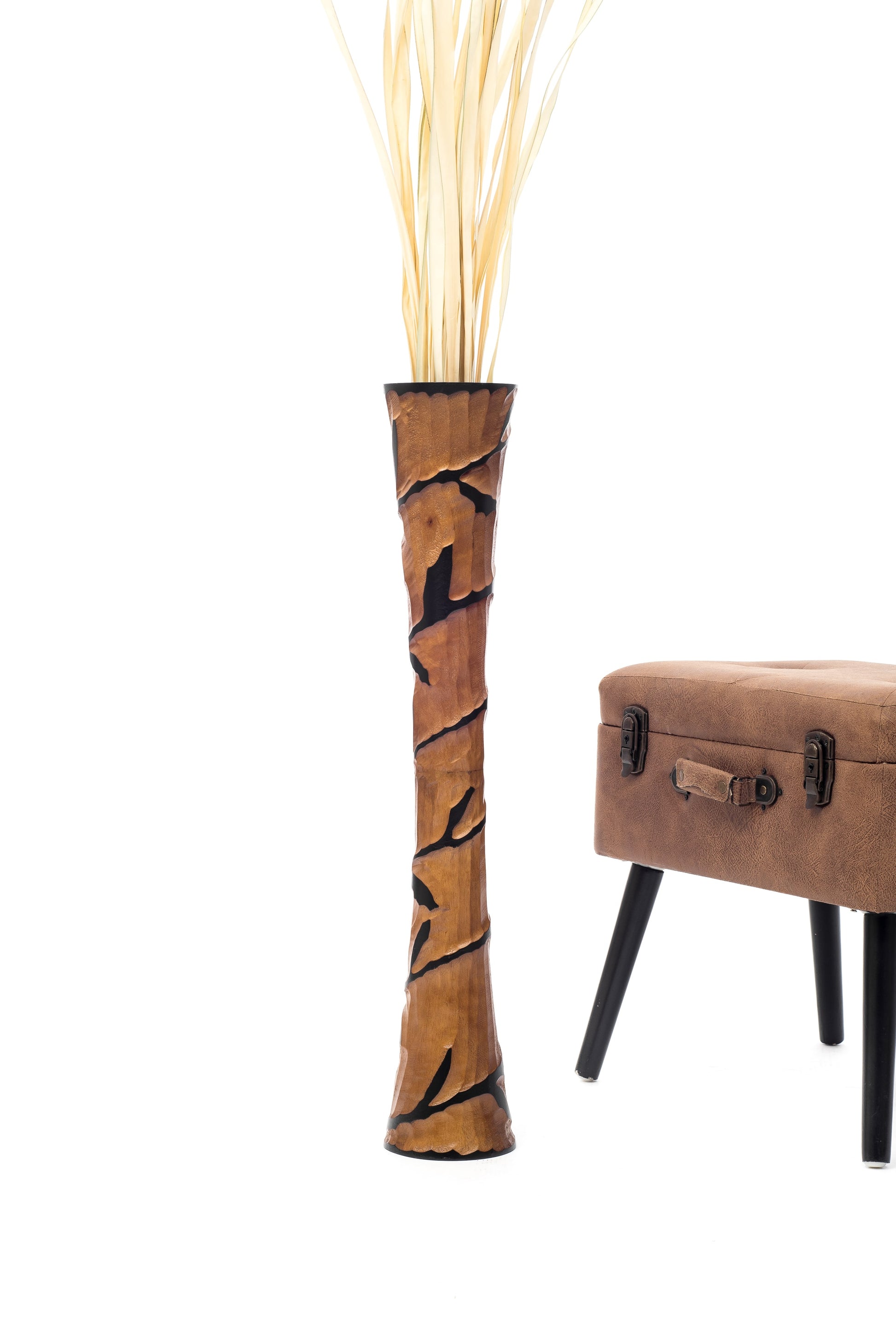Large Mango Wood Floor Vase – Handcrafted Decorative Highlight from Thailand, brown, black, 26 inches