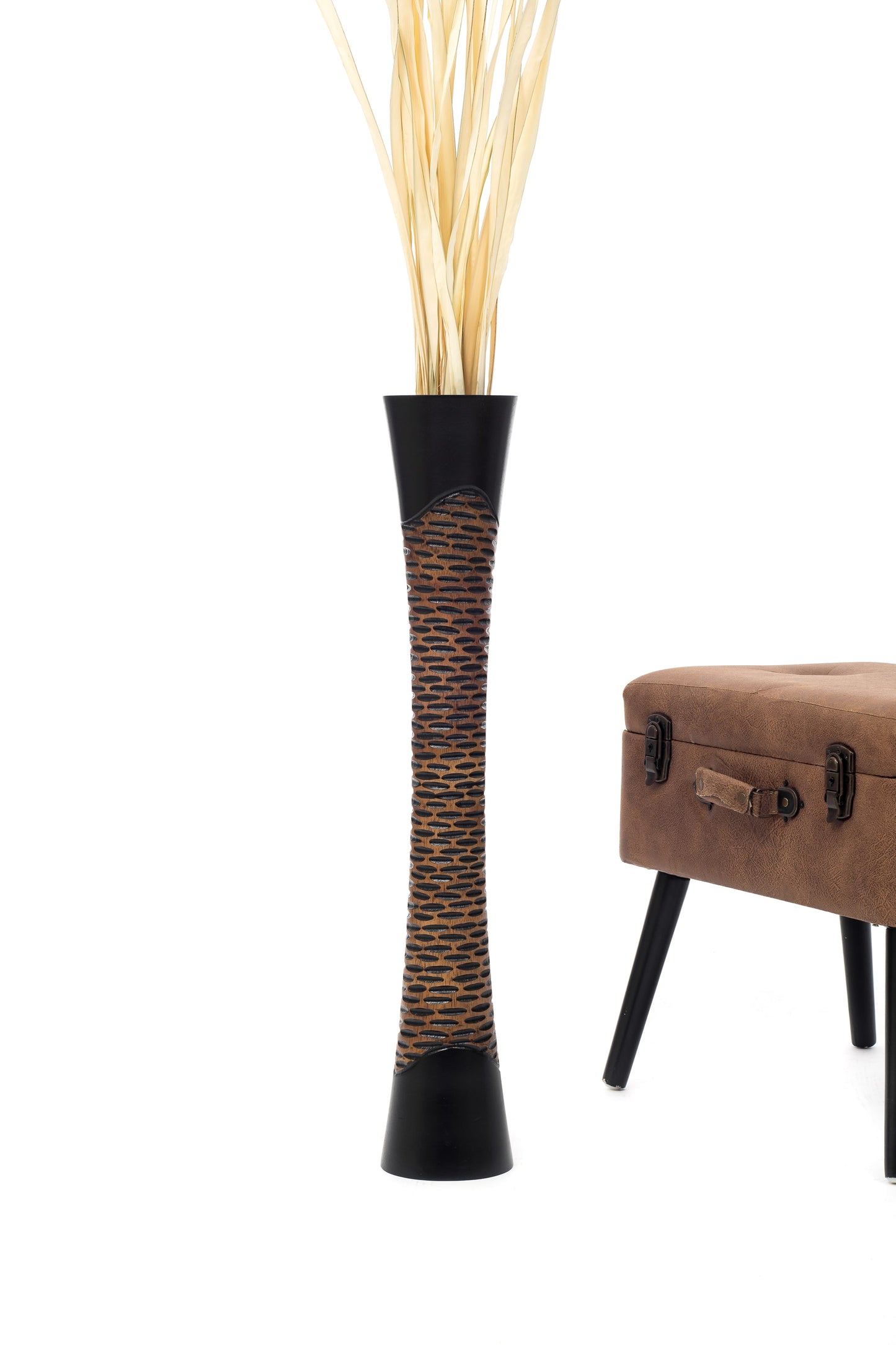 Large Mango Wood Floor Vase – Handcrafted Decorative Highlight from Thailand, brown, black, 34 inches