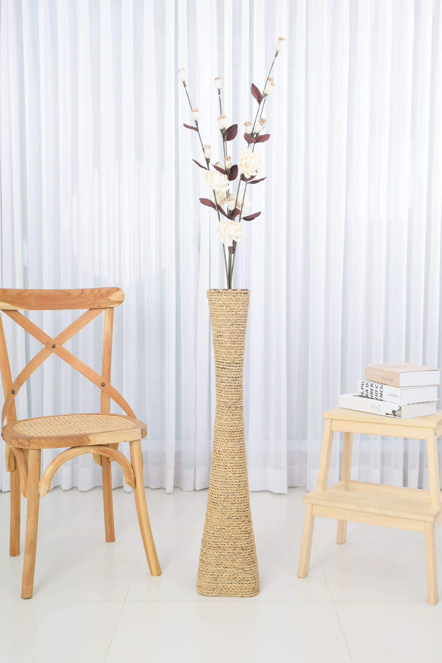 Large & Tall Floor Vase Made of Water Hyacinth and Bamboo – Handwoven Decorative Stand Vase for Dried Flowers & Branches, ecru, 36 inches - Model 1