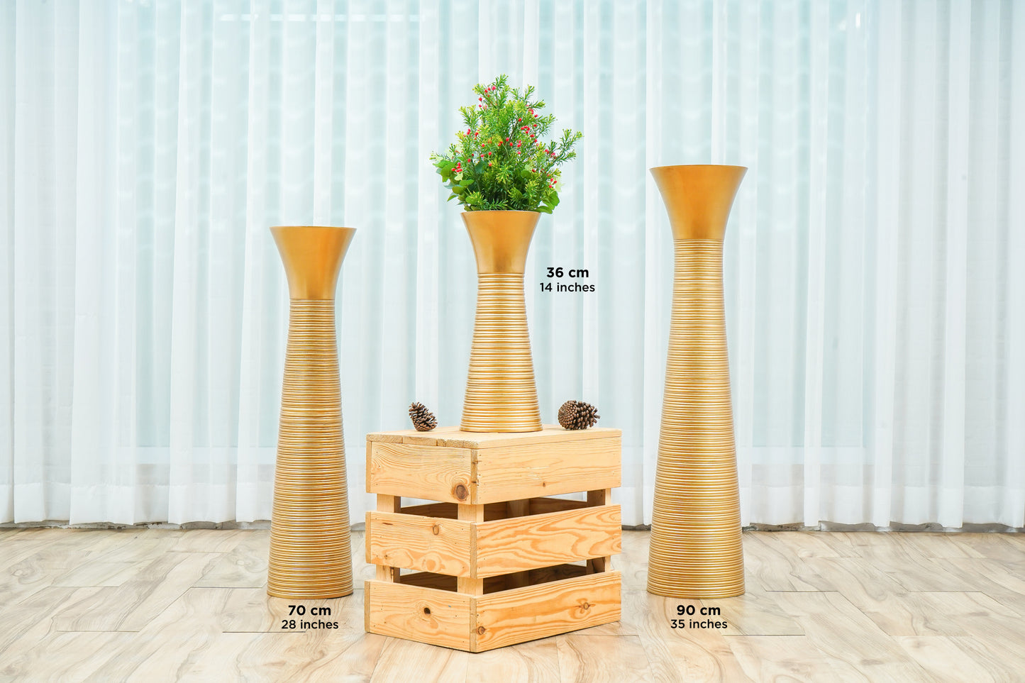 Large Mango Wood Floor Vase – Handcrafted Decorative Highlight from Thailand, gold, 26 inches