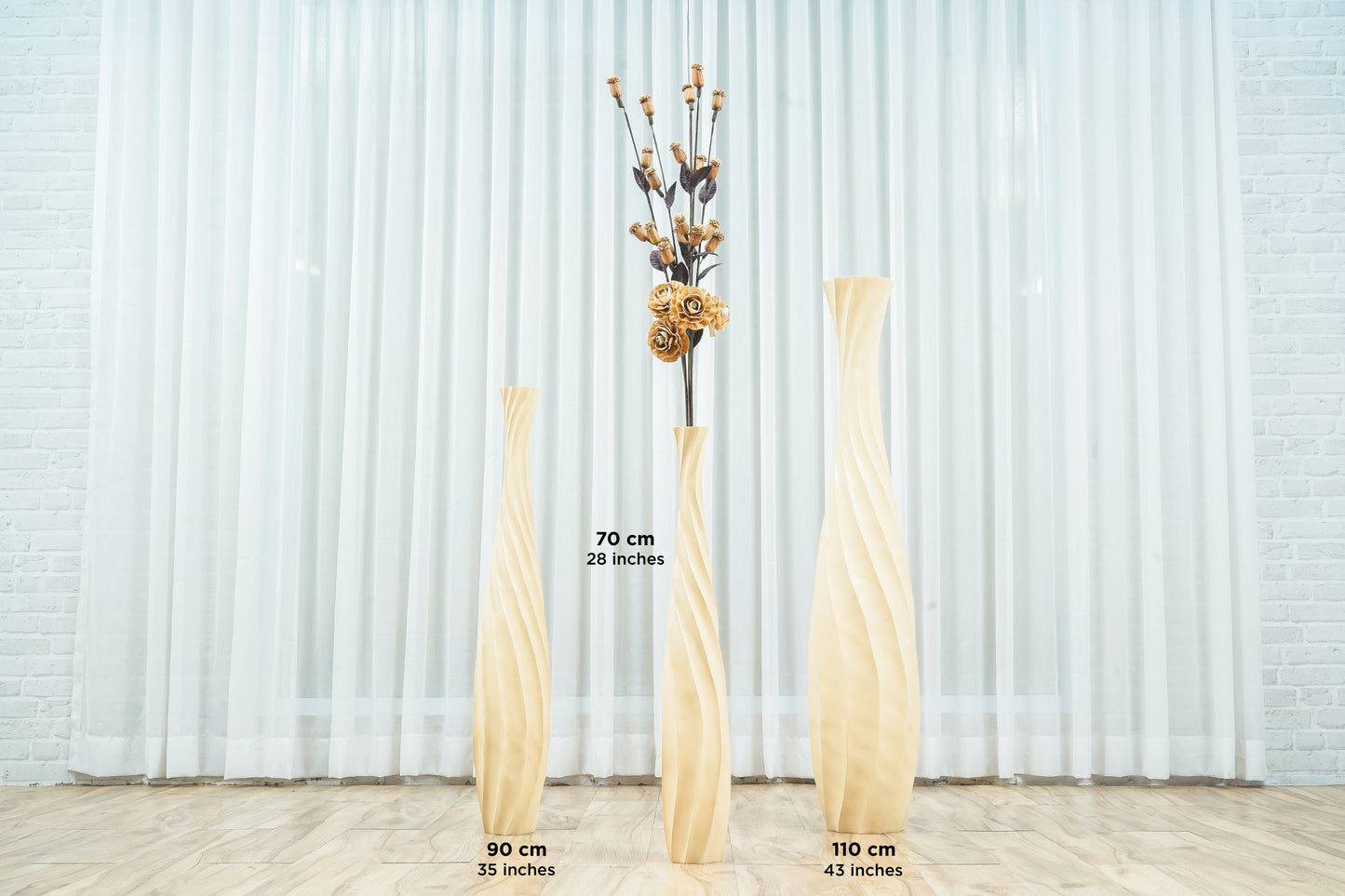Large Mango Wood Floor Vase – Handcrafted Decorative Highlight from Thailand, cream, 34 inches