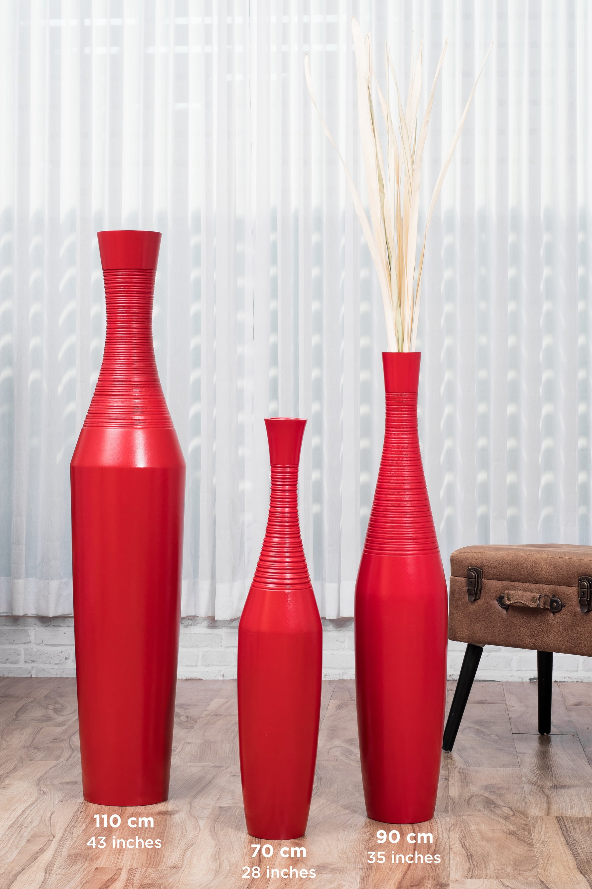 Large Mango Wood Floor Vase – Handcrafted Decorative Highlight from Thailand, red, 41 inches