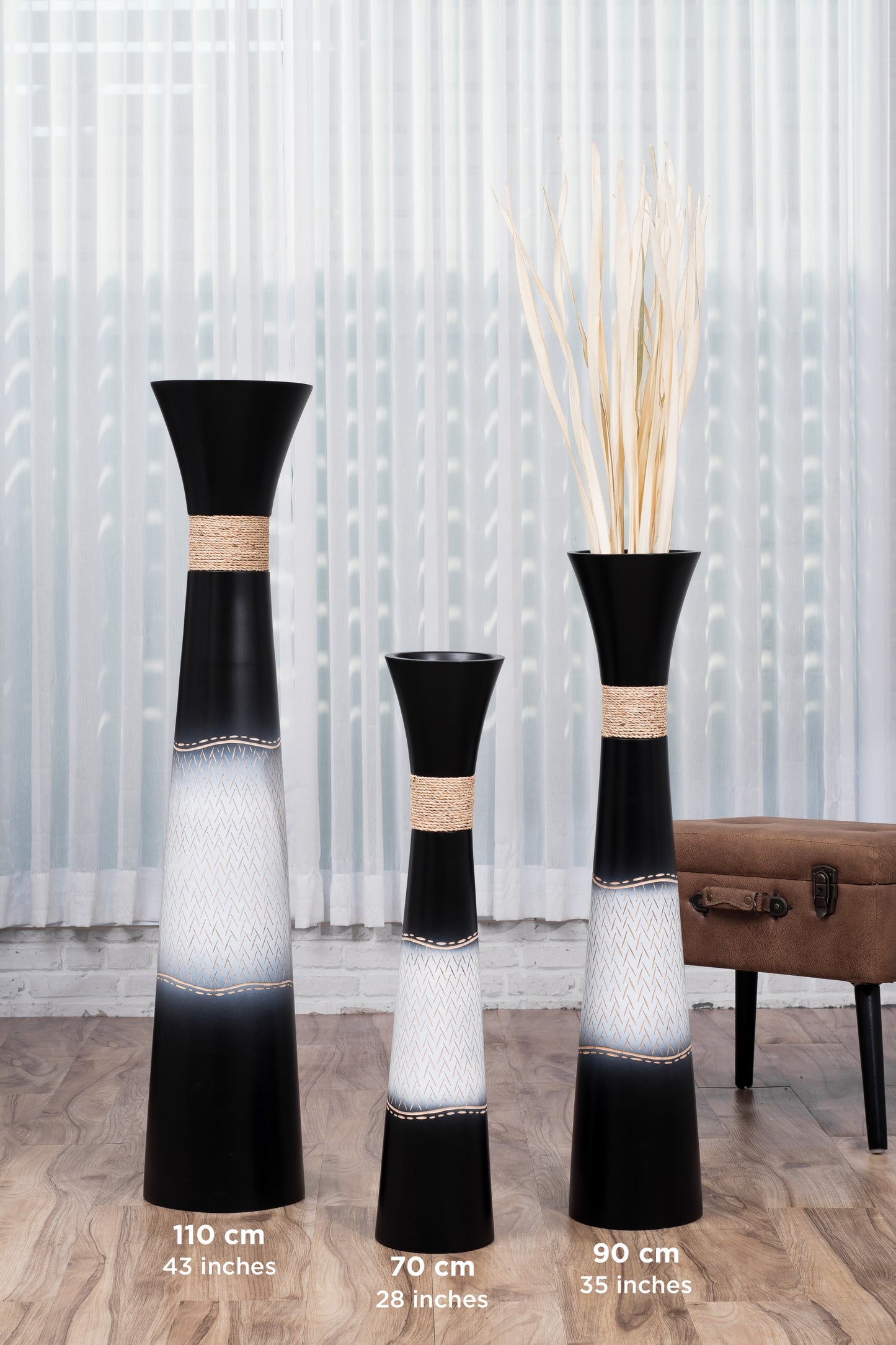 Large Mango Wood Floor Vase – Handcrafted Decorative Highlight from Thailand, black, white, 41 inches