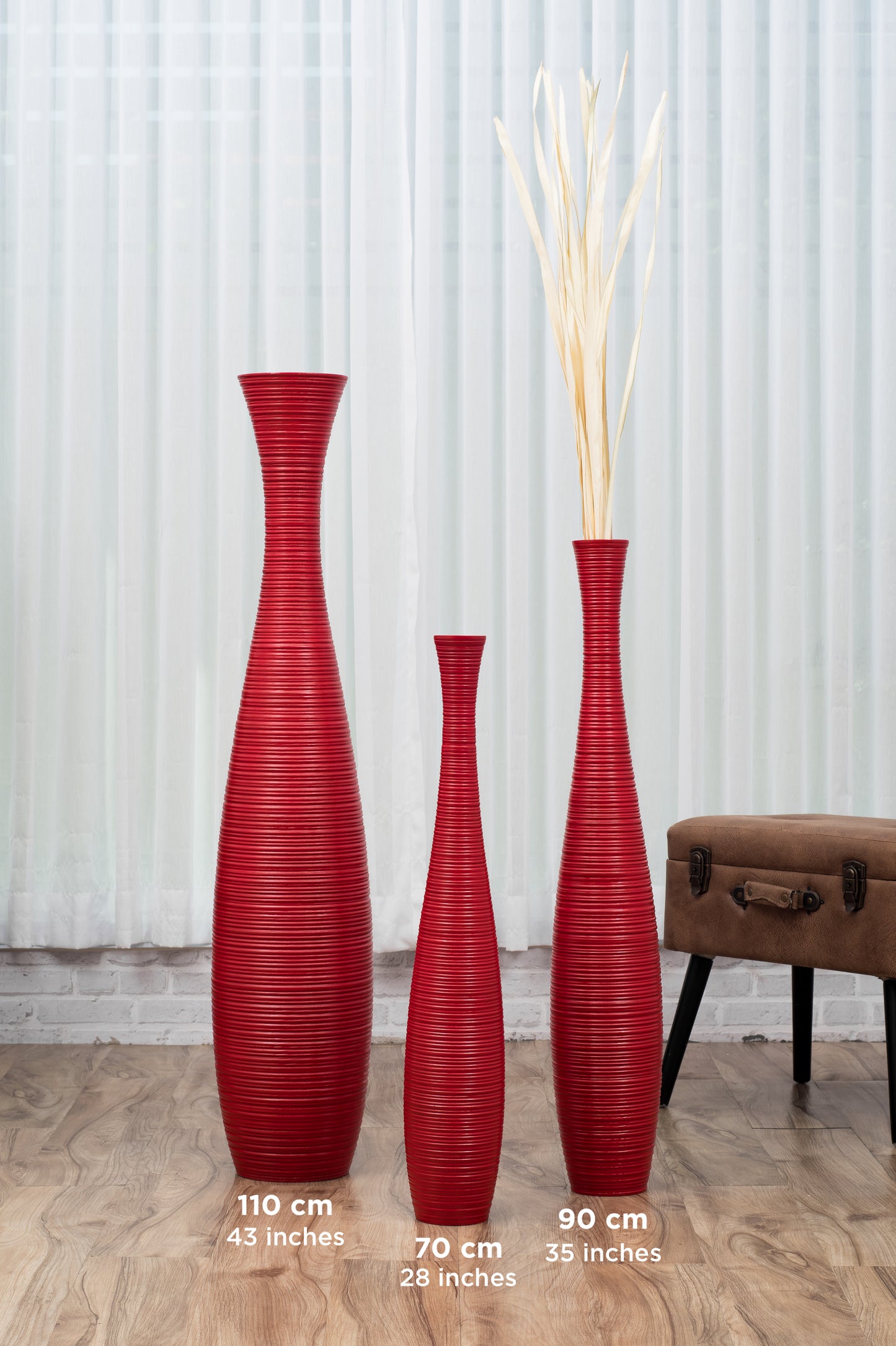 Large Mango Wood Floor Vase – Handcrafted Decorative Highlight from Thailand, red, 34 inches