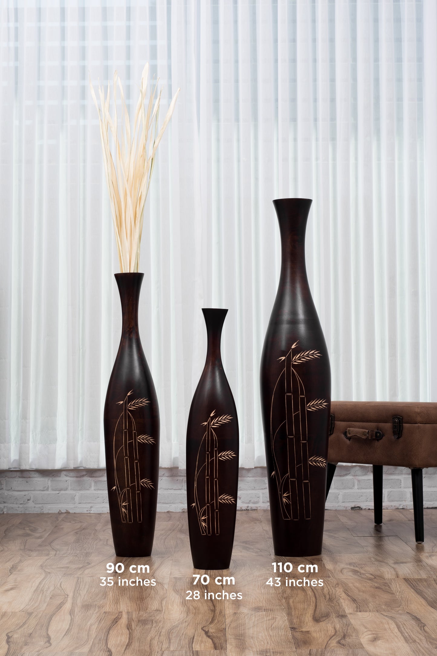 Large Mango Wood Floor Vase – Handcrafted Decorative Highlight from Thailand, brown, 34 inches