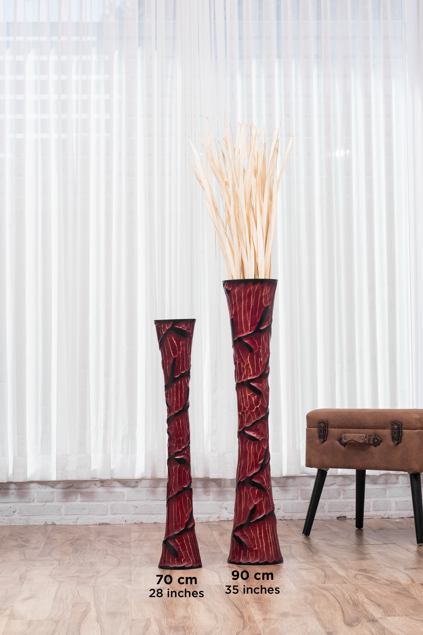 Large Mango Wood Floor Vase – Handcrafted Decorative Highlight from Thailand, red, black, 34 inches