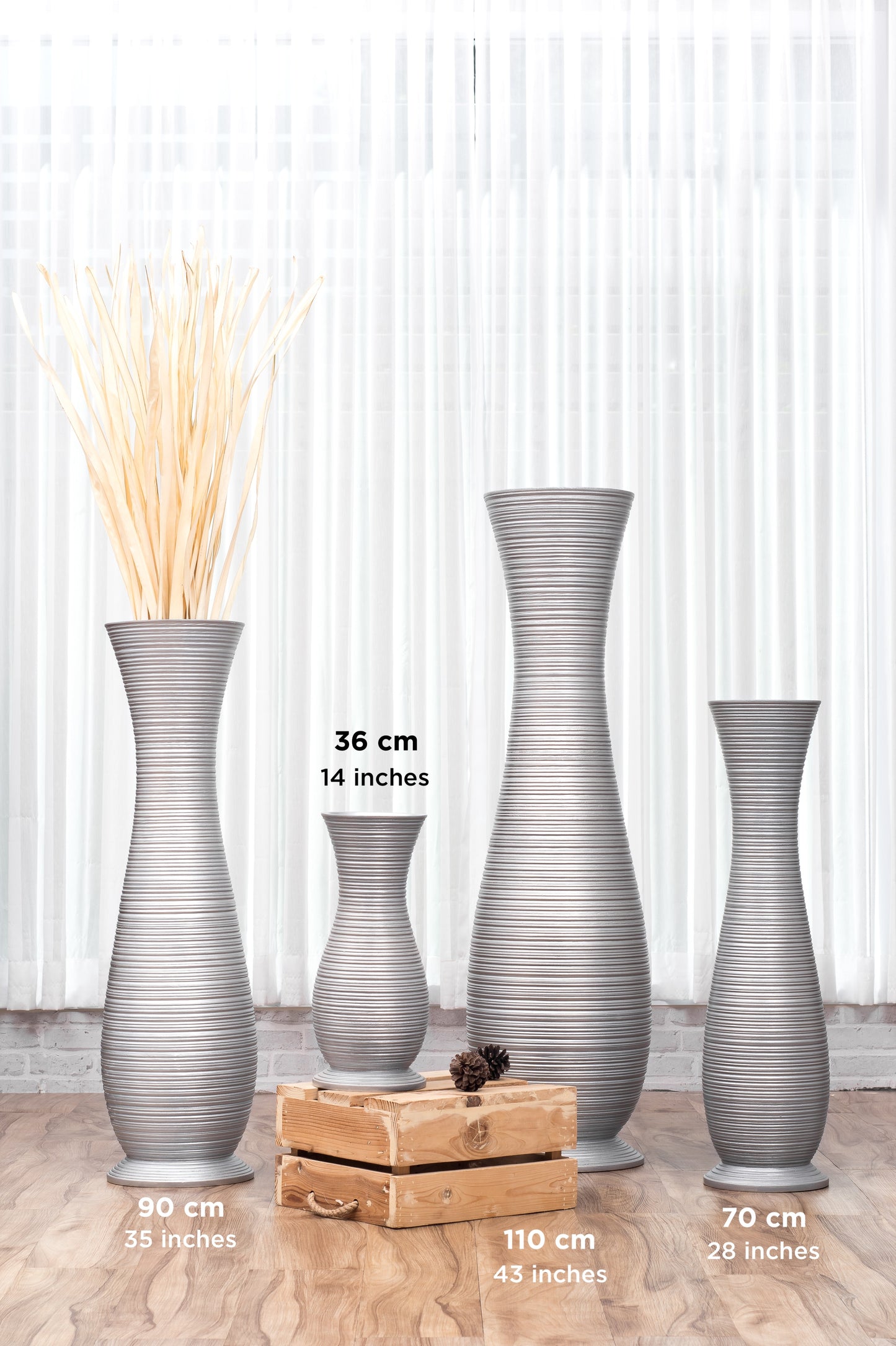 Large Mango Wood Floor Vase – Handcrafted Decorative Highlight from Thailand, silver, 41 inches